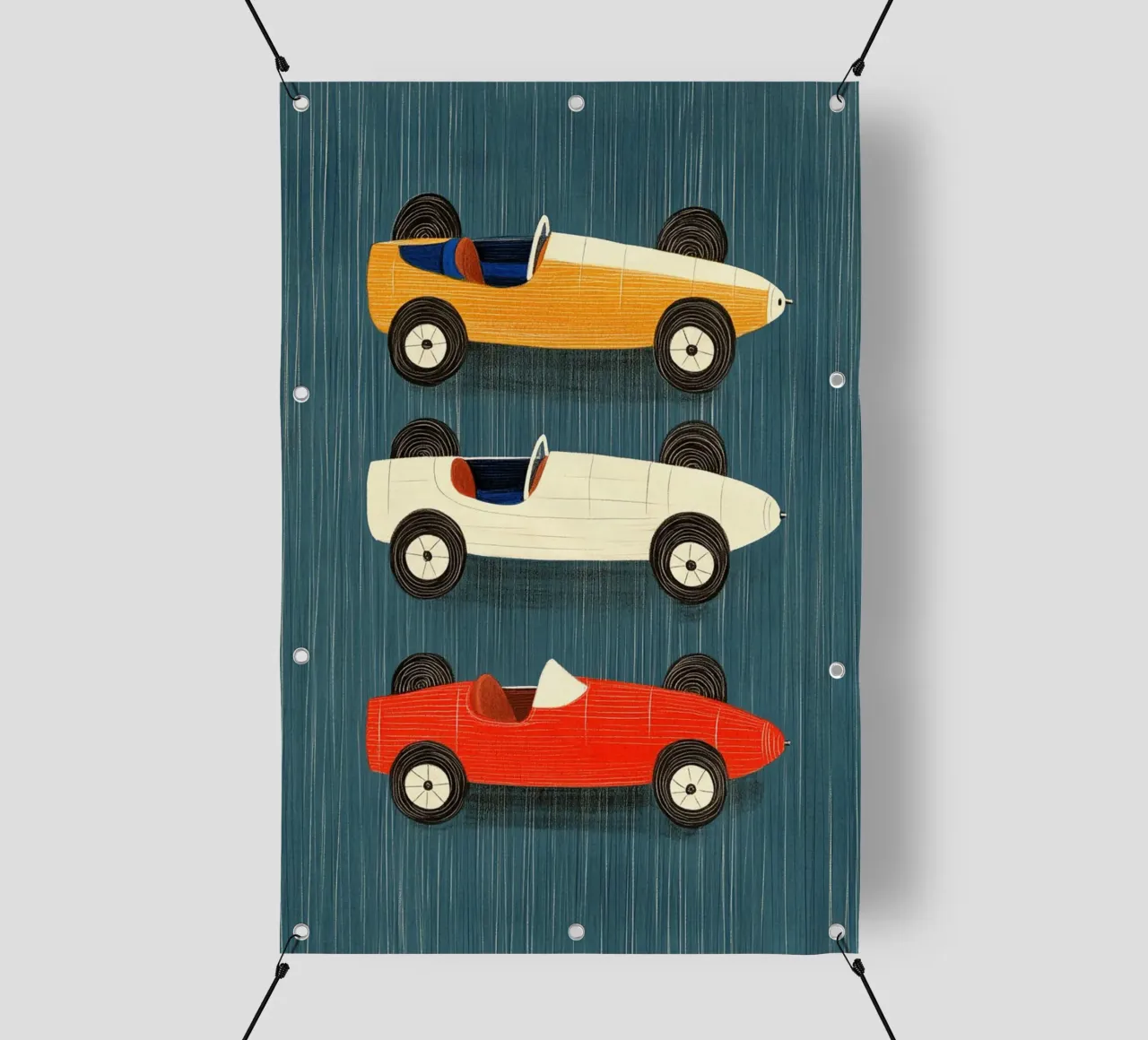Tre auto da corsa d'epoca telo in pvc da Curious Canvas