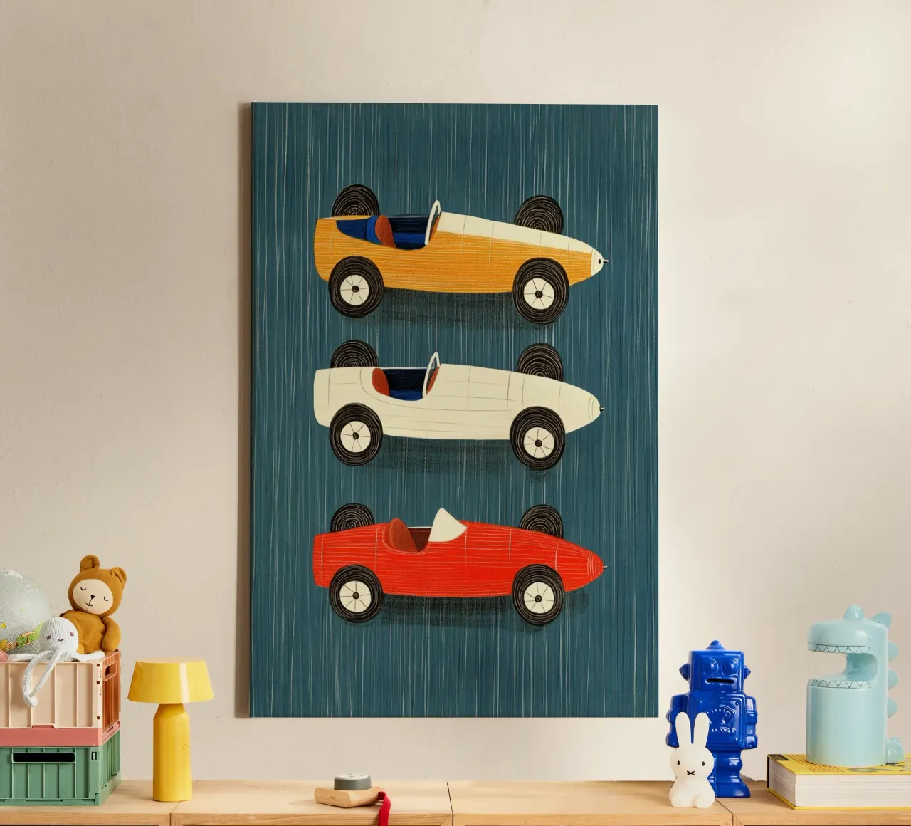 Trois voitures de course à l'ancienne toile avec Caisse américaine de Curious Canvas