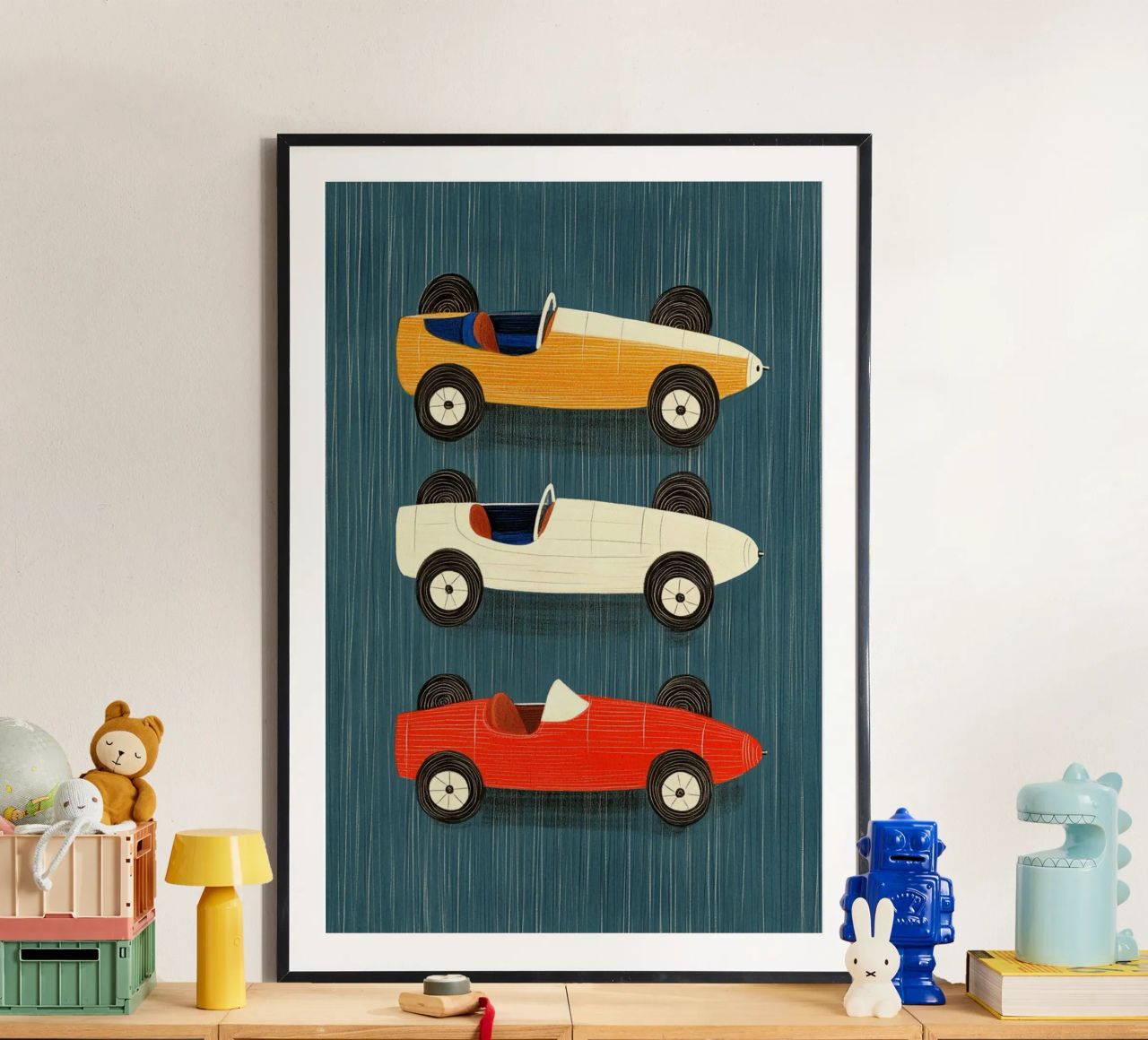 Three old-fashioned racing cars poster by Curious Canvas