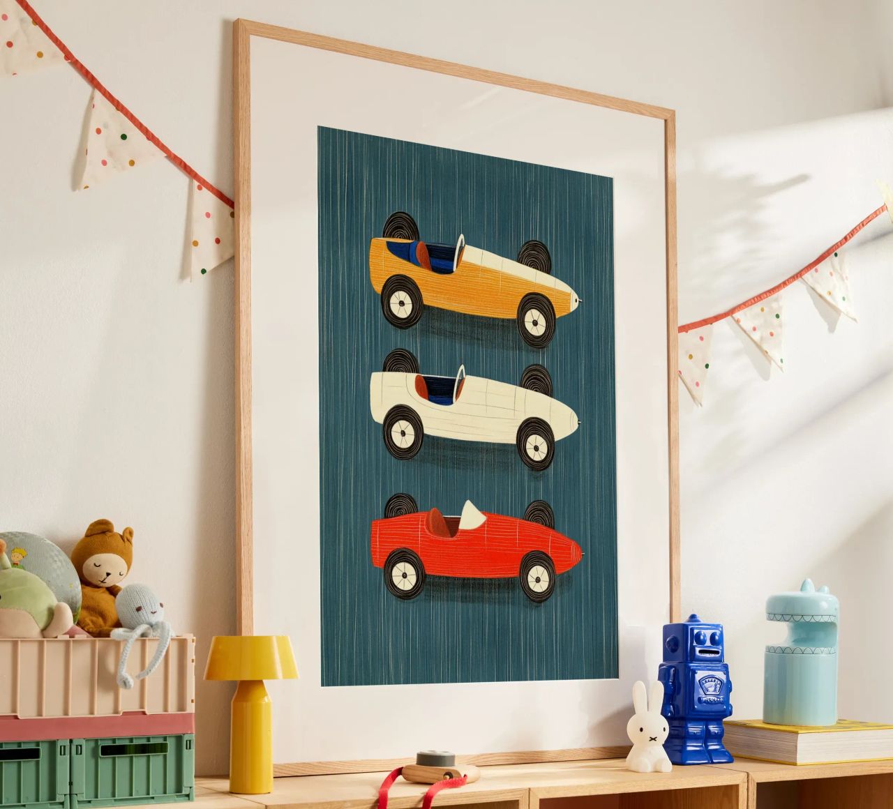 Three old-fashioned racing cars poster by Curious Canvas