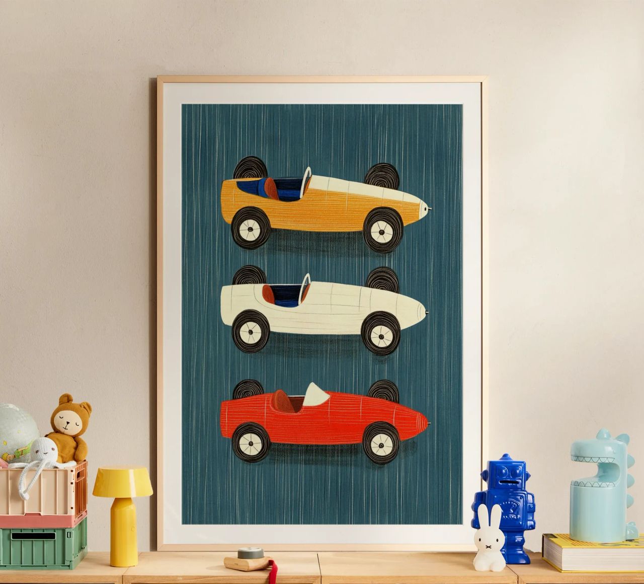 Three old-fashioned racing cars poster by Curious Canvas