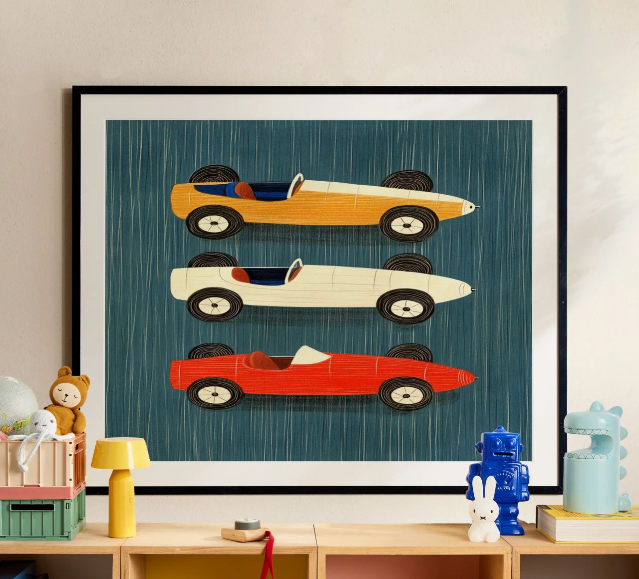Three old-fashioned racing cars poster by Curious Canvas