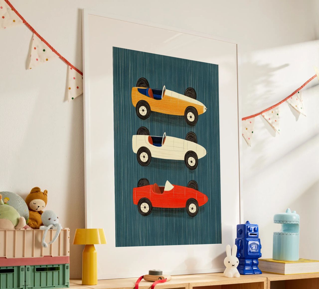 Three old-fashioned racing cars poster by Curious Canvas