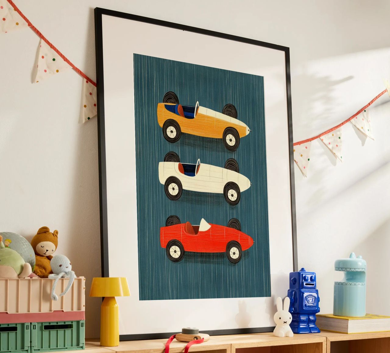 Three old-fashioned racing cars poster by Curious Canvas