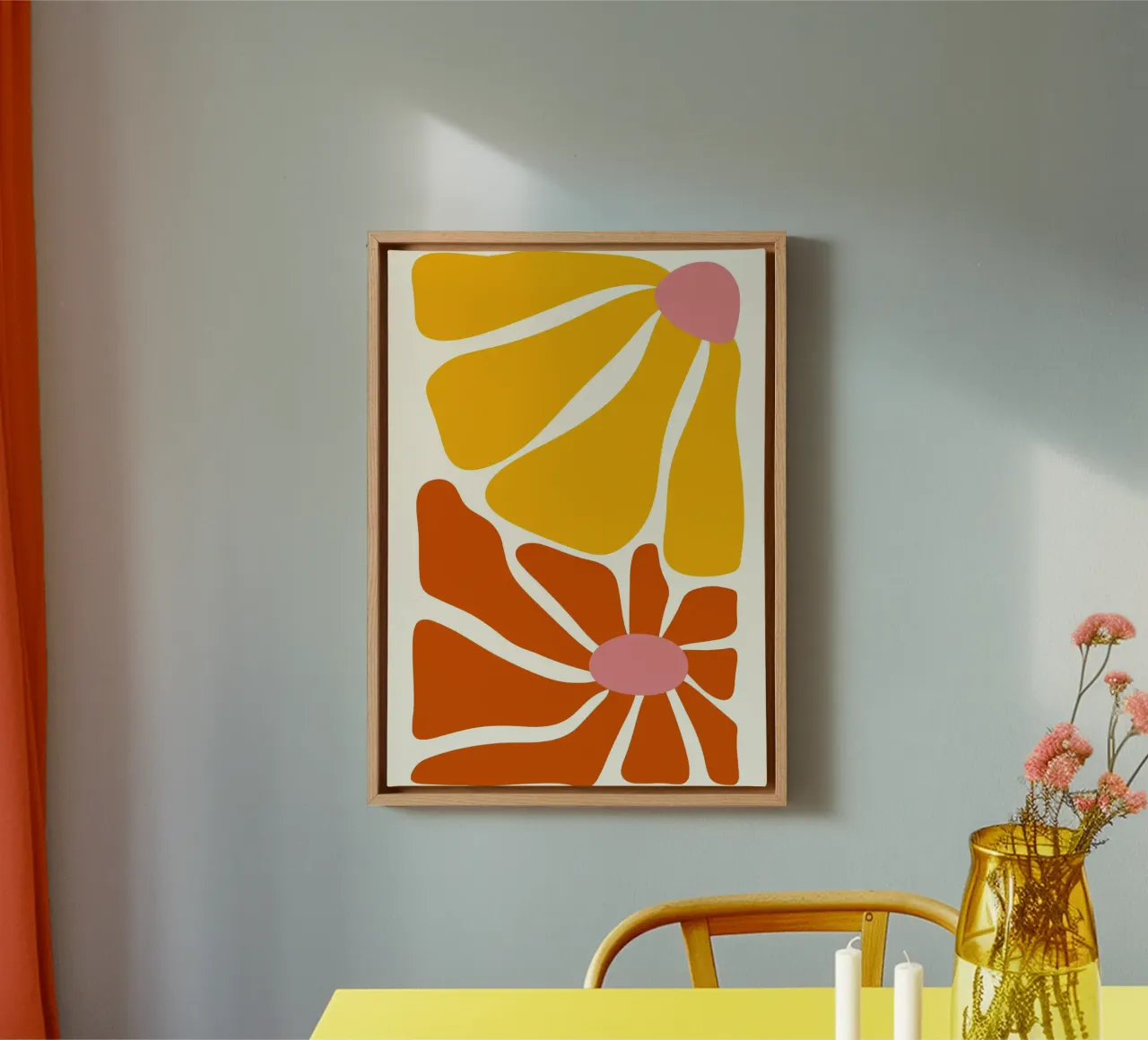 Sunlit Petals - 70s Abstract Floral Art Print canvas with Floater frame by ClubArt