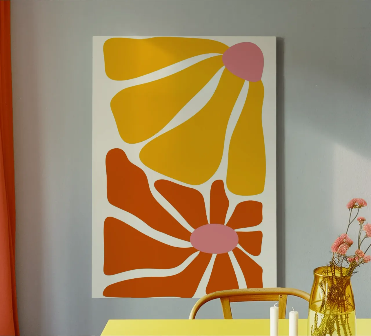 Sunlit Petals - 70s Abstract Floral Art Print canvas with Floater frame by ClubArt