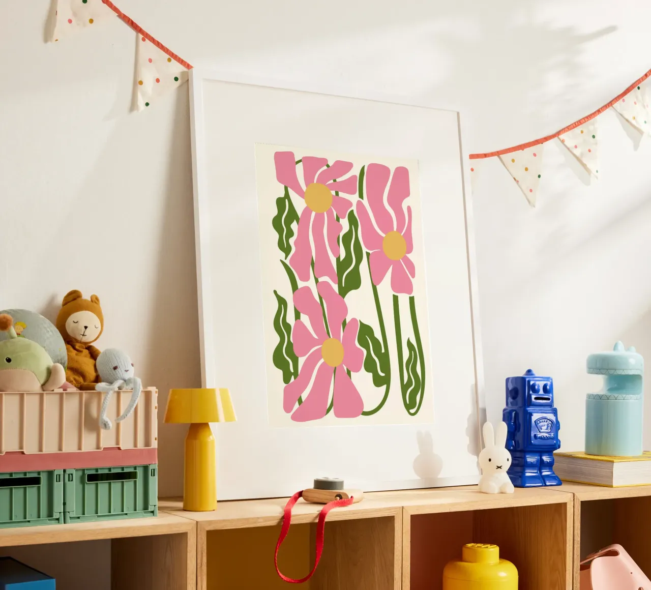 Speelse Roze Bloemen - Abstracte Botanische Kunstdruk hahnemühle van ClubArt