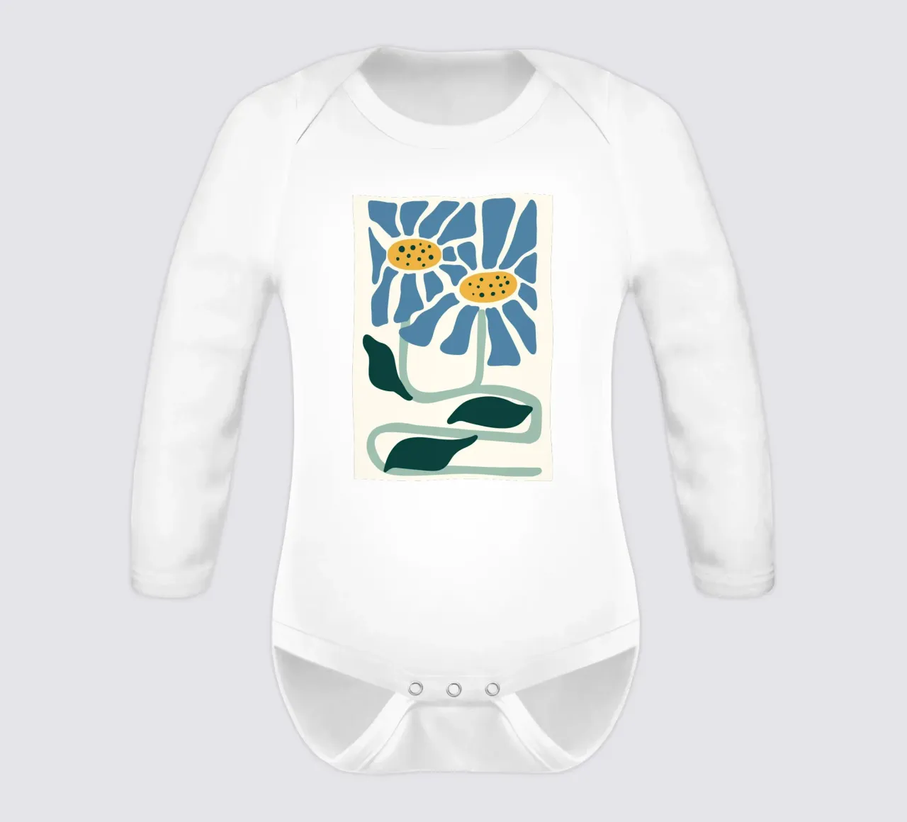 Blue Daisies Linocut Style - Abstract Botanical Print long-sleeve baby romper by ClubArt