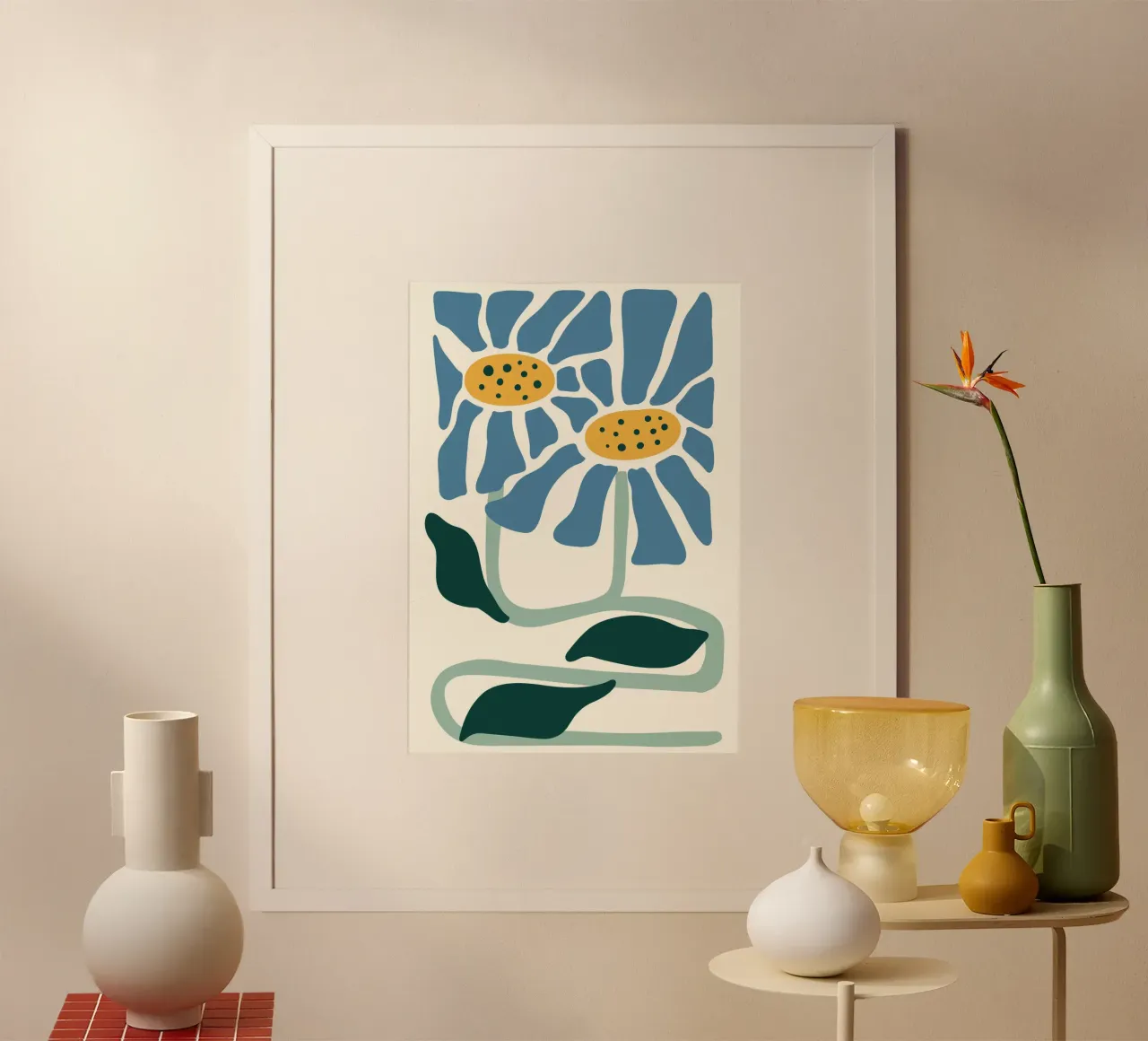 Margherite blu stile linoleografia - Stampa botanica astratta poster con telaio in plastica da ClubArt