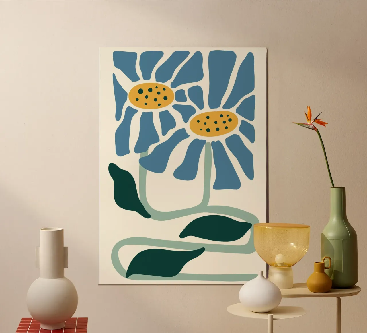 Margherite blu stile linoleografia - Stampa botanica astratta poster con telaio in plastica da ClubArt