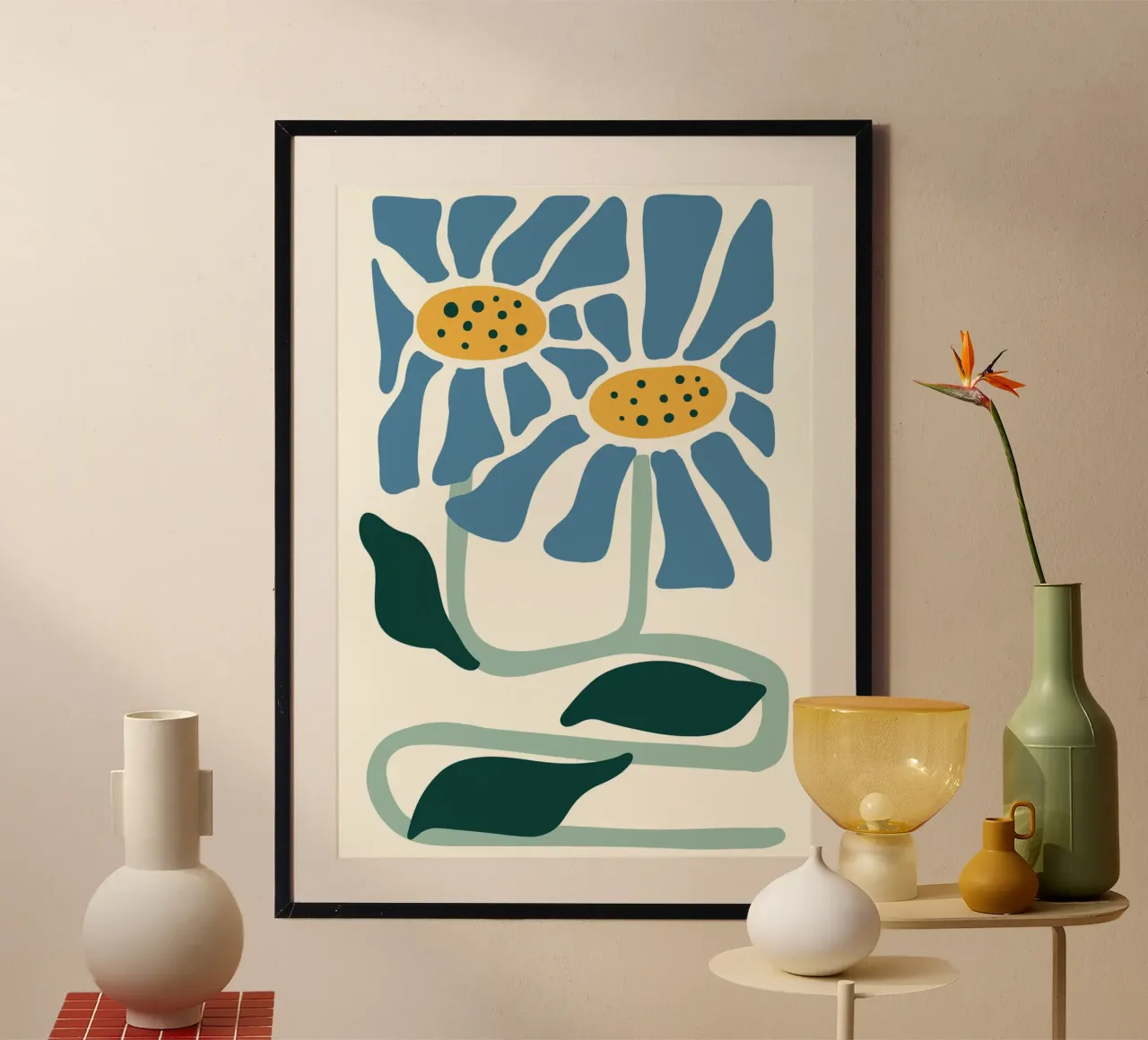 Margherite blu stile linoleografia - Stampa botanica astratta poster con telaio in plastica da ClubArt