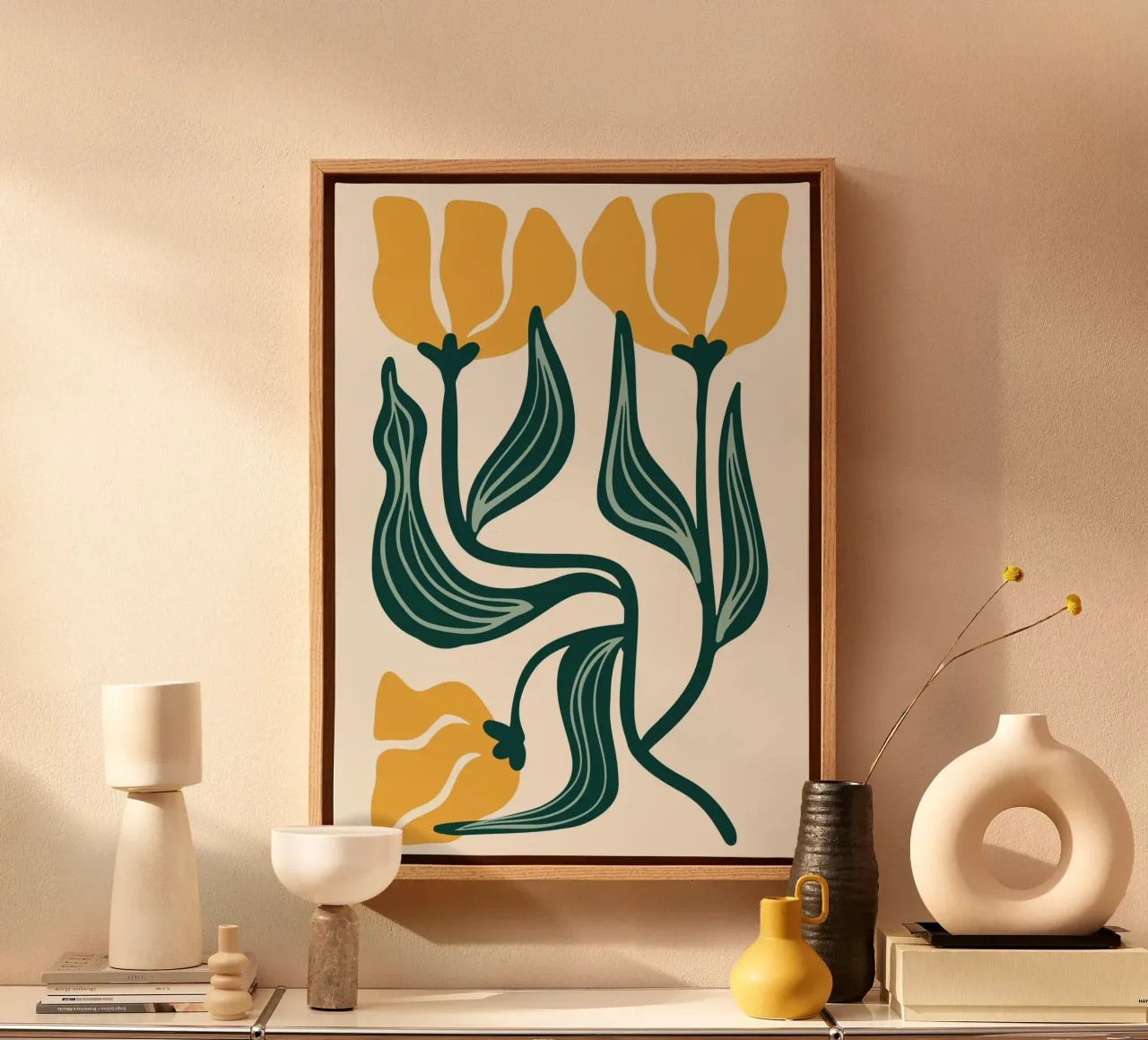 Gestileerde tulpen Linosnede - Moderne Botanische Kunstdruk canvas met Baklijst van ClubArt