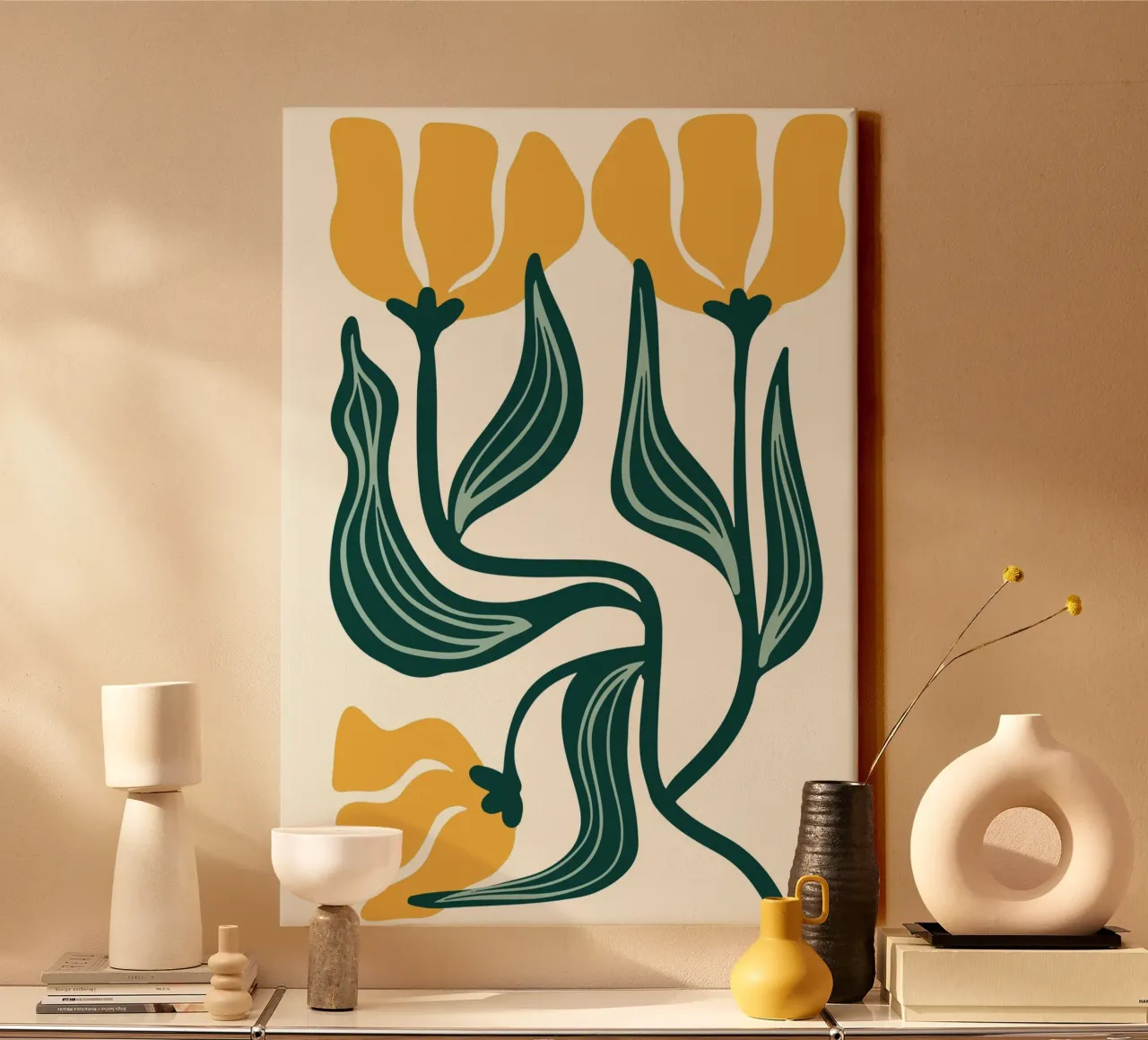 Gestileerde tulpen Linosnede - Moderne Botanische Kunstdruk canvas met Baklijst van ClubArt