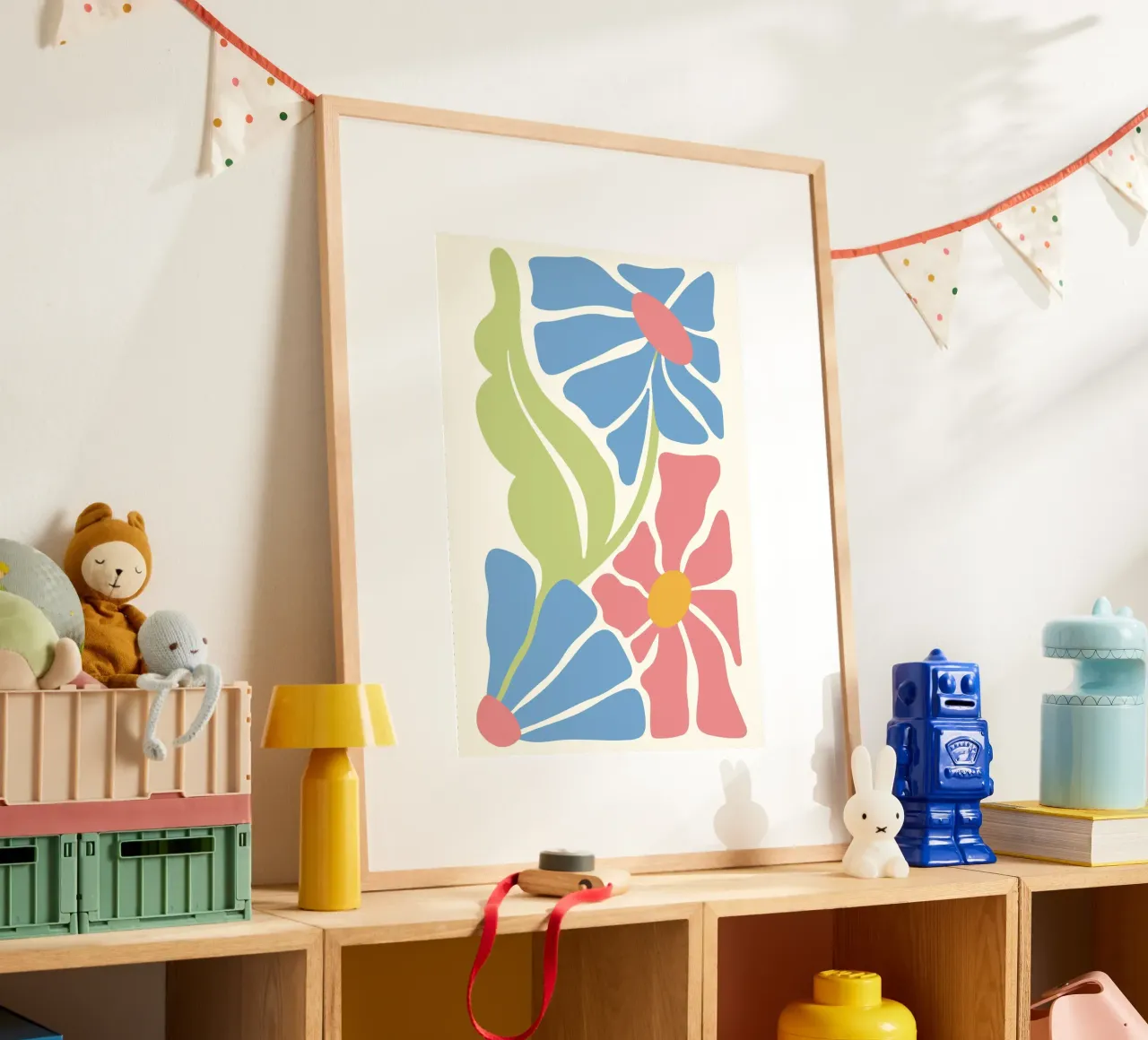 Retro Blooms - Impresión artística abstracta de flores rosas y azules hahnemühle de ClubArt