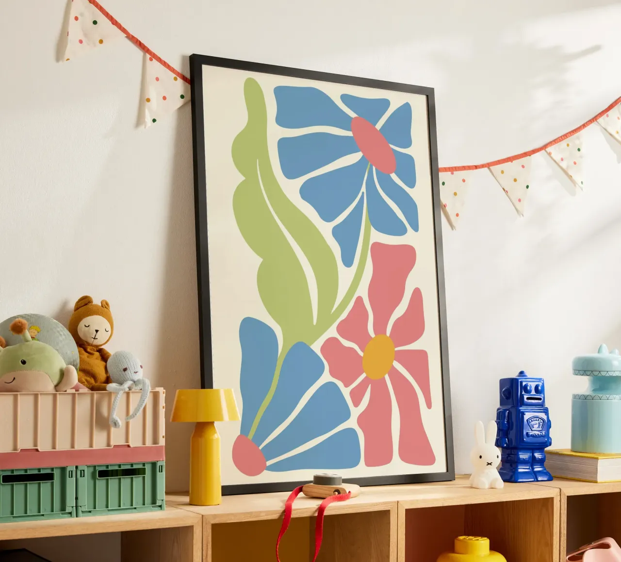 Retro Blooms - Impression d'art floral abstrait rose et bleu poster de ClubArt