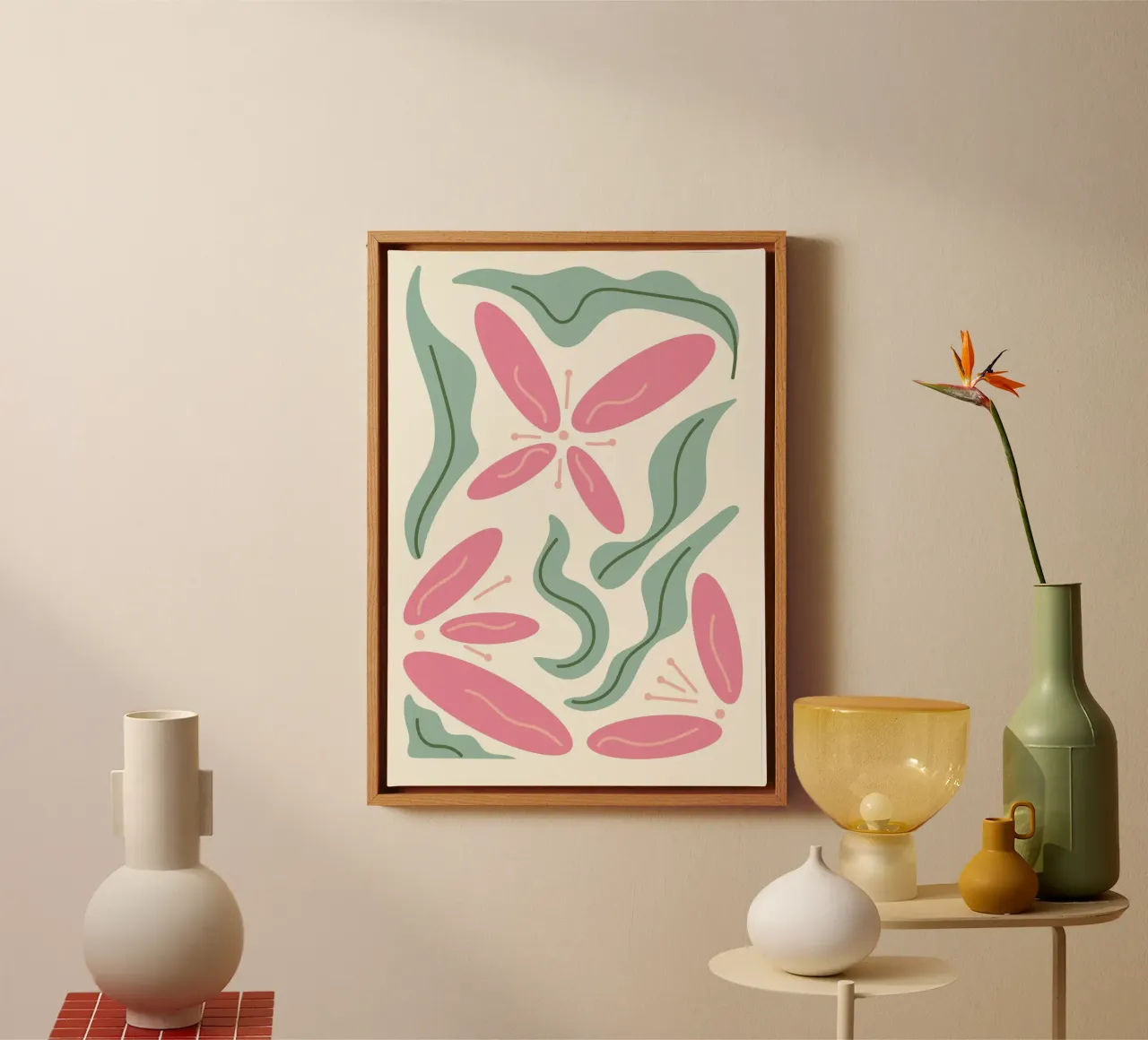 Bloemen organisch roze en groen - abstracte botanische kunst canvas met Baklijst van ClubArt