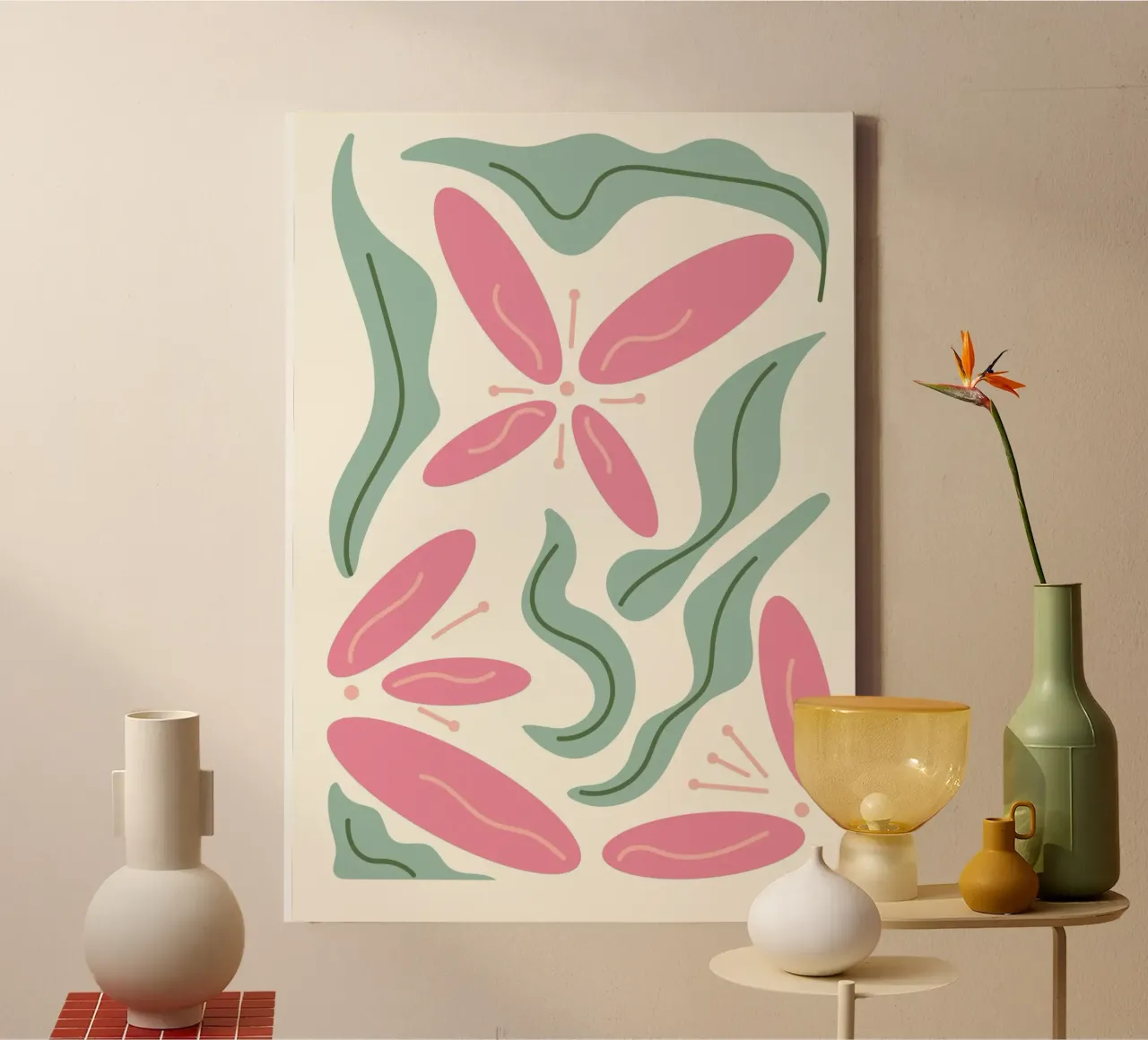 Bloemen organisch roze en groen - abstracte botanische kunst canvas met Baklijst van ClubArt