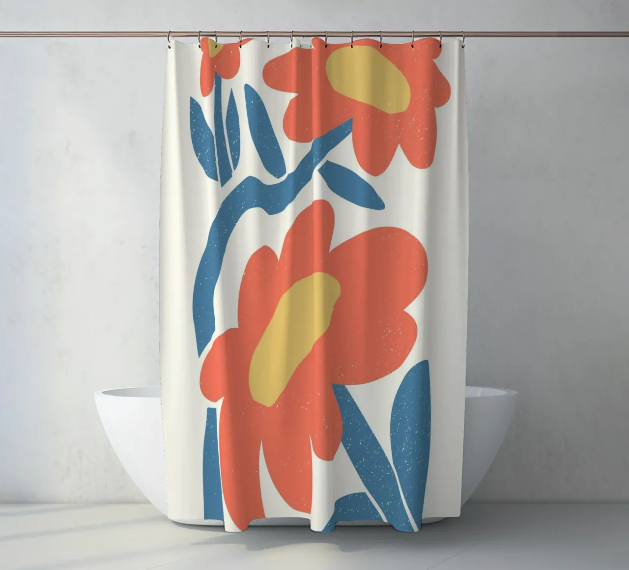 Flores retro naranjas - Lámina abstracta de hojas azules cortina de baño de ClubArt