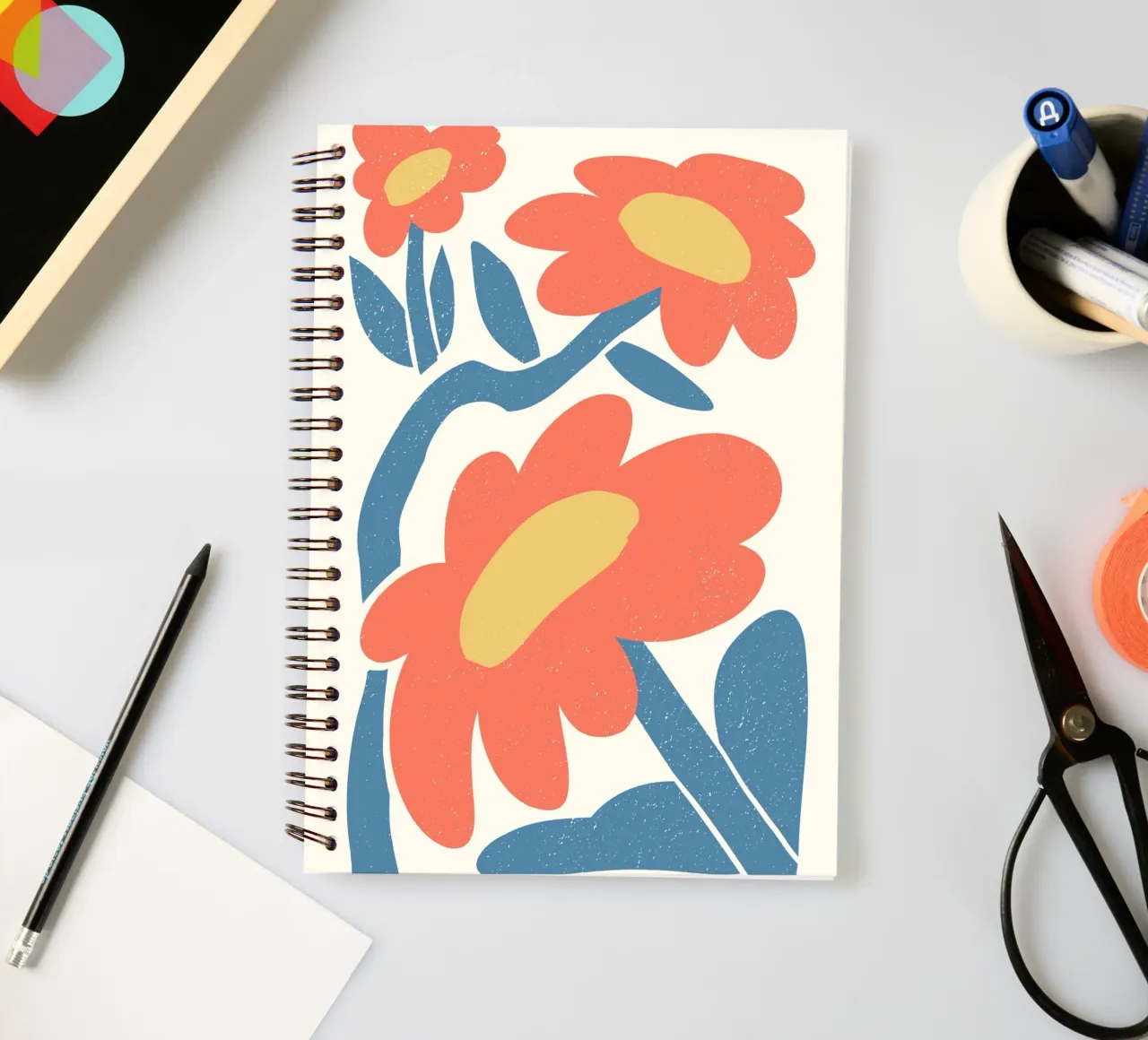 Retro Orange Flowers - Abstract Blue Leaf Art Print spiral notebook by ClubArt