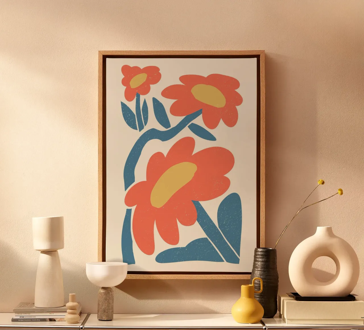 Retro Orange Flowers - Abstract Blue Leaf Art Print toile de ClubArt