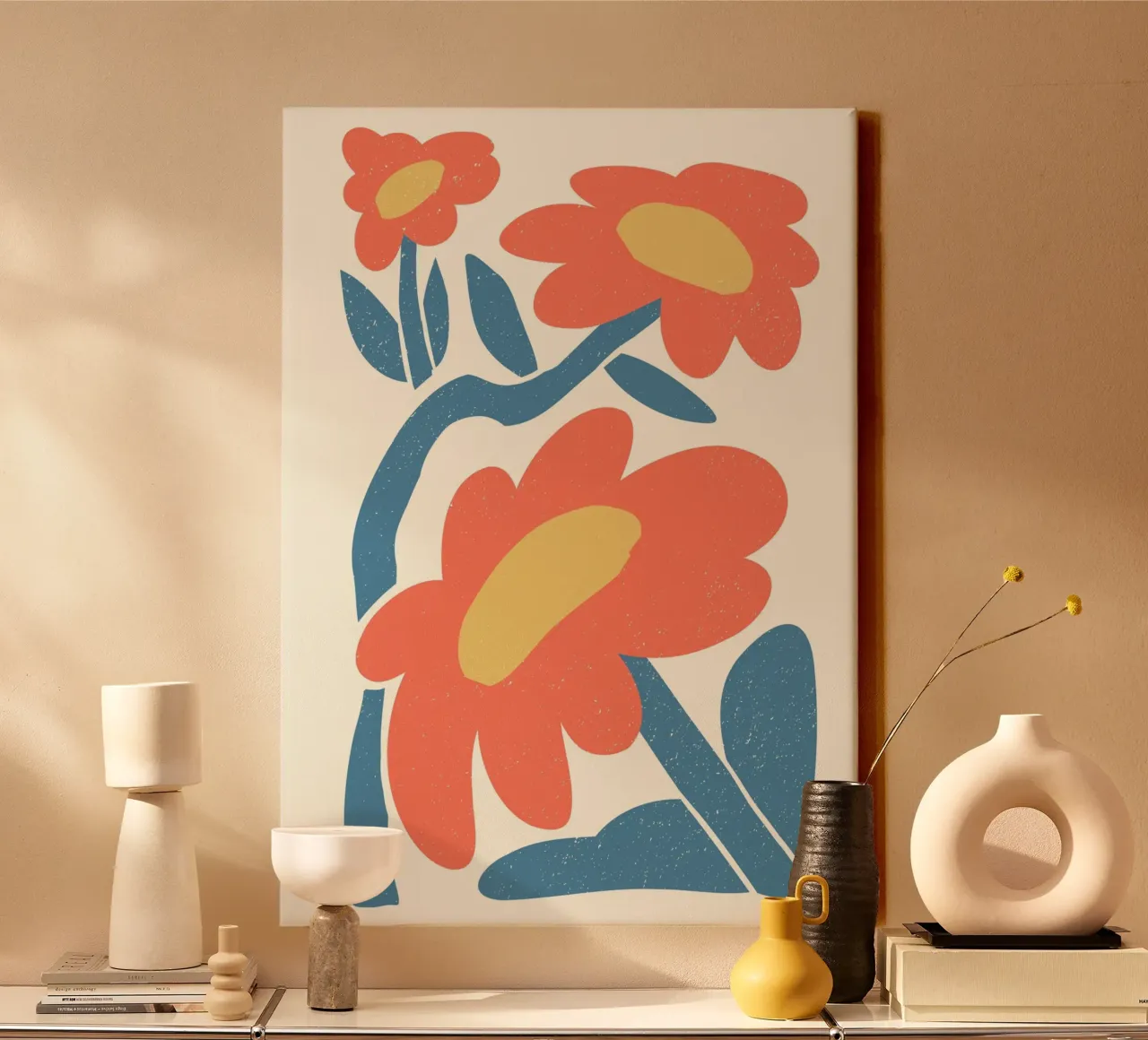 Retro Orange Flowers - Abstract Blue Leaf Art Print toile de ClubArt