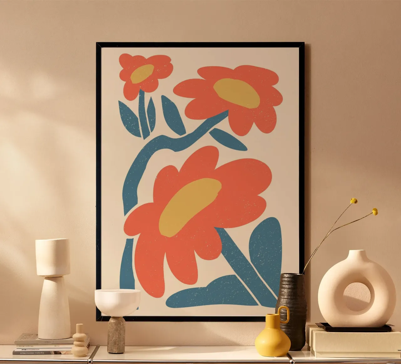 Retro Orange Flowers - Abstract Blue Leaf Art Print hahnemühle by ClubArt