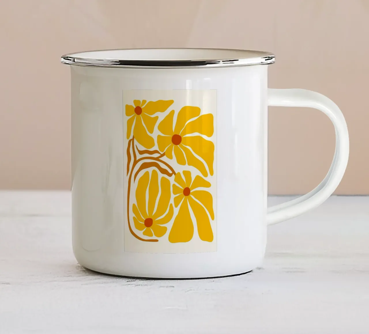Gouden Bloemen - Abstracte Gele & Oranje Bloemsierkunst emaille mok van ClubArt