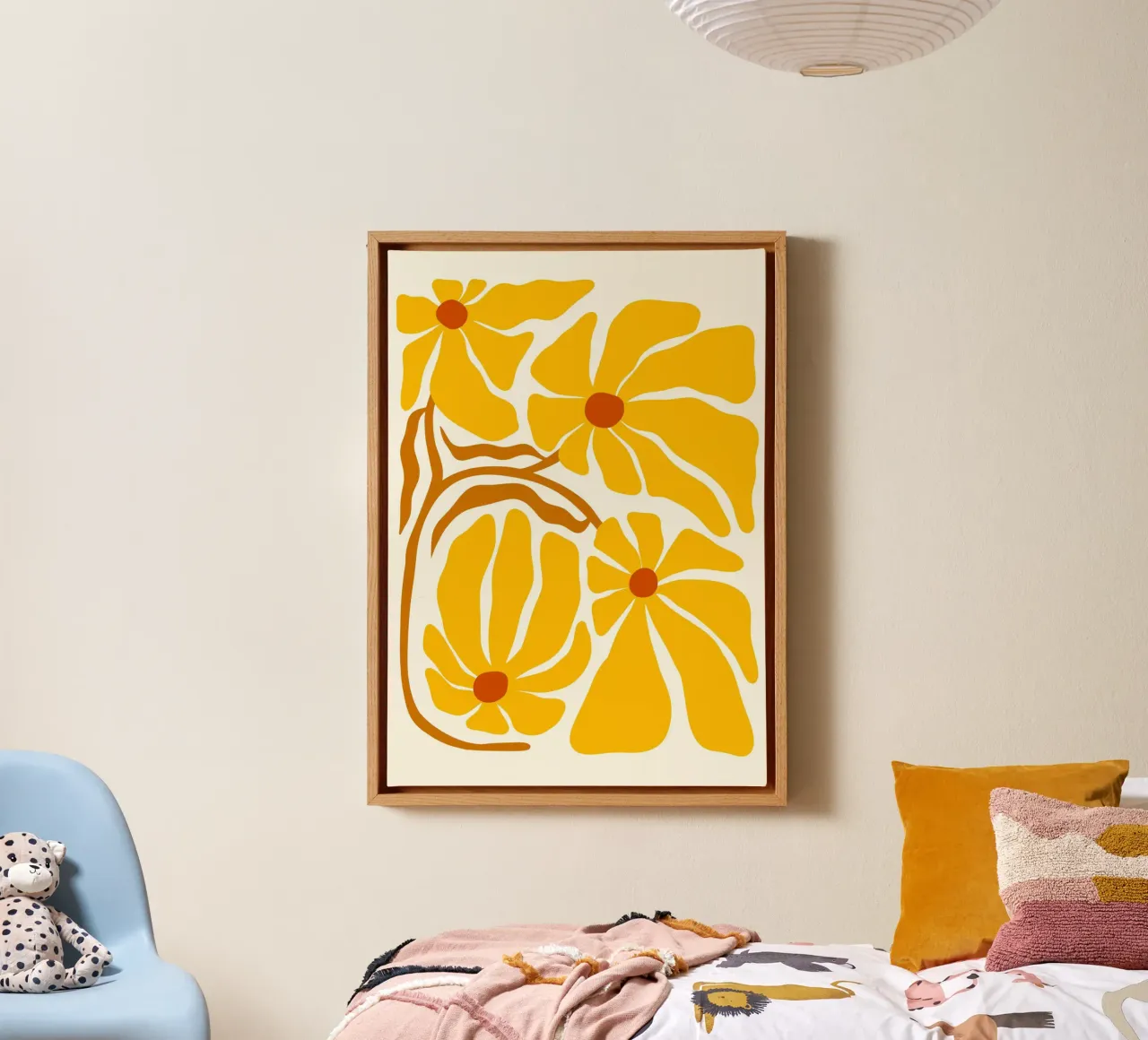 Gouden Bloemen - Abstracte Gele & Oranje Bloemsierkunst canvas met Baklijst van ClubArt