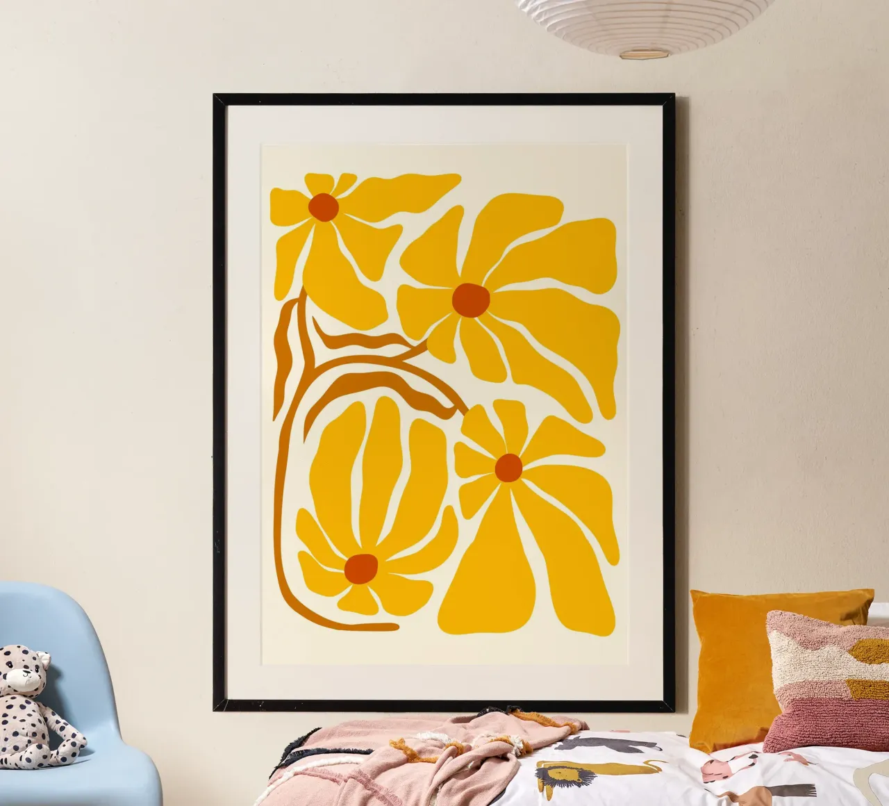 Gouden Bloemen - Abstracte Gele & Oranje Bloemsierkunst poster met kunststof frame van ClubArt