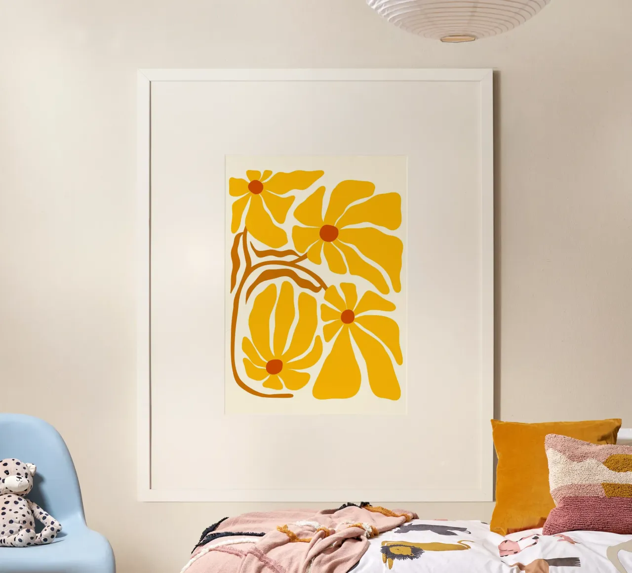 Gouden Bloemen - Abstracte Gele & Oranje Bloemsierkunst poster met kunststof frame van ClubArt