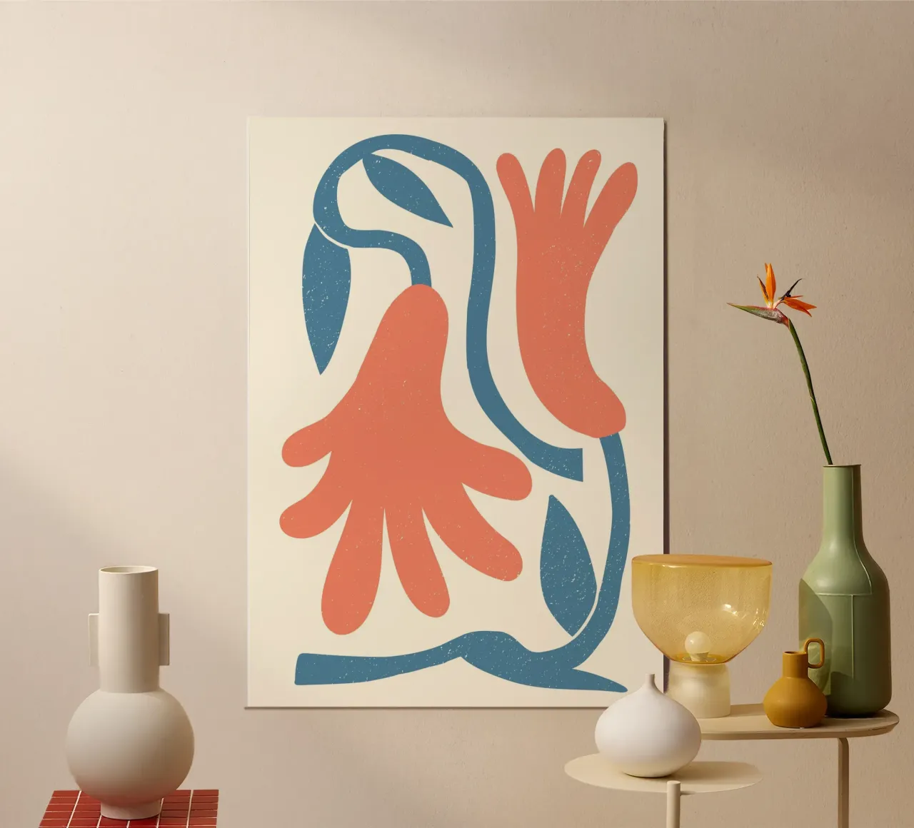 Forme organiche ispirate a Matisse - Corallo astratto e blu poster con telaio in plastica da ClubArt
