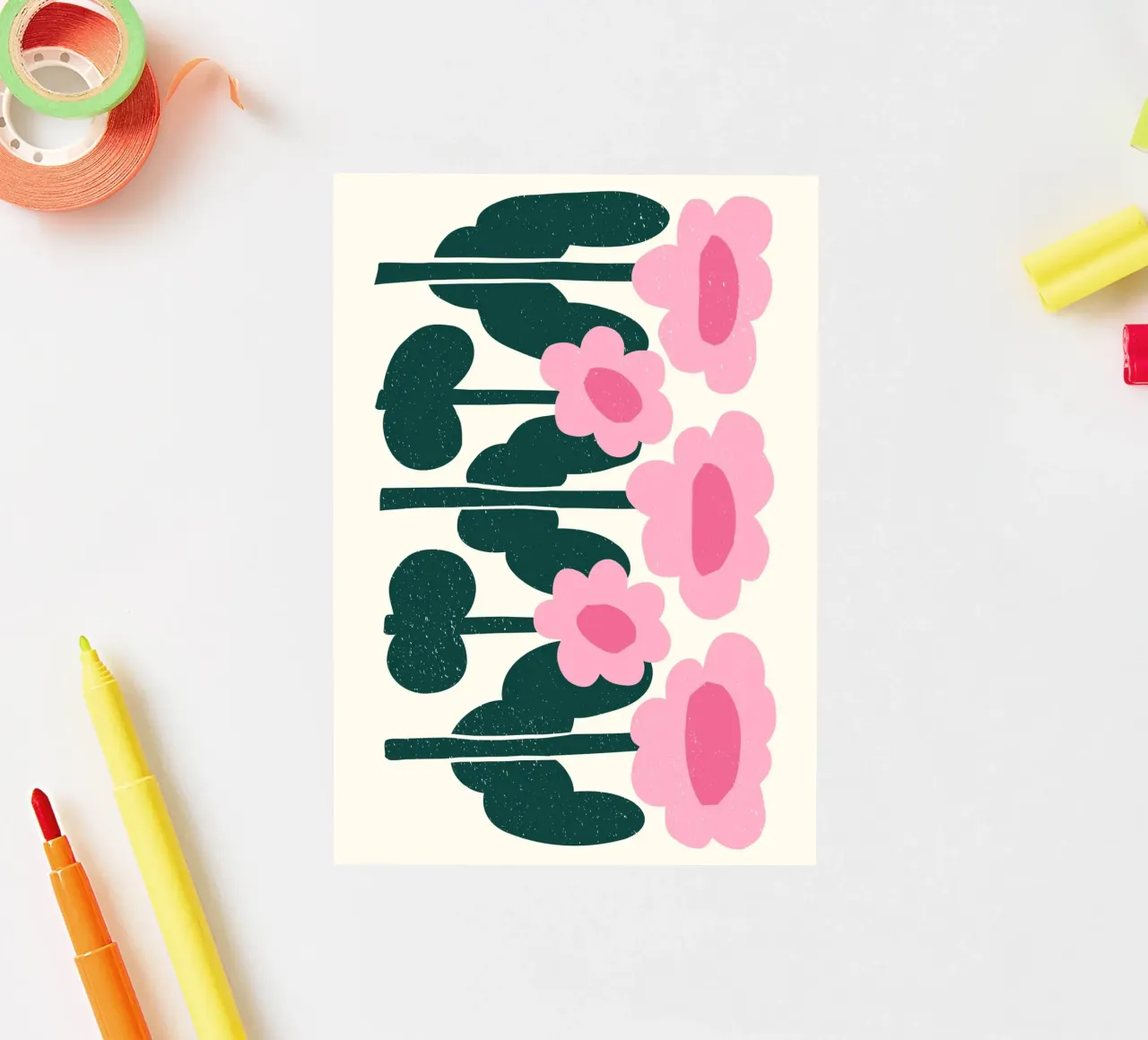 Floreale minimalista Marimekko - Rosa e verde astratto adesivo da ClubArt