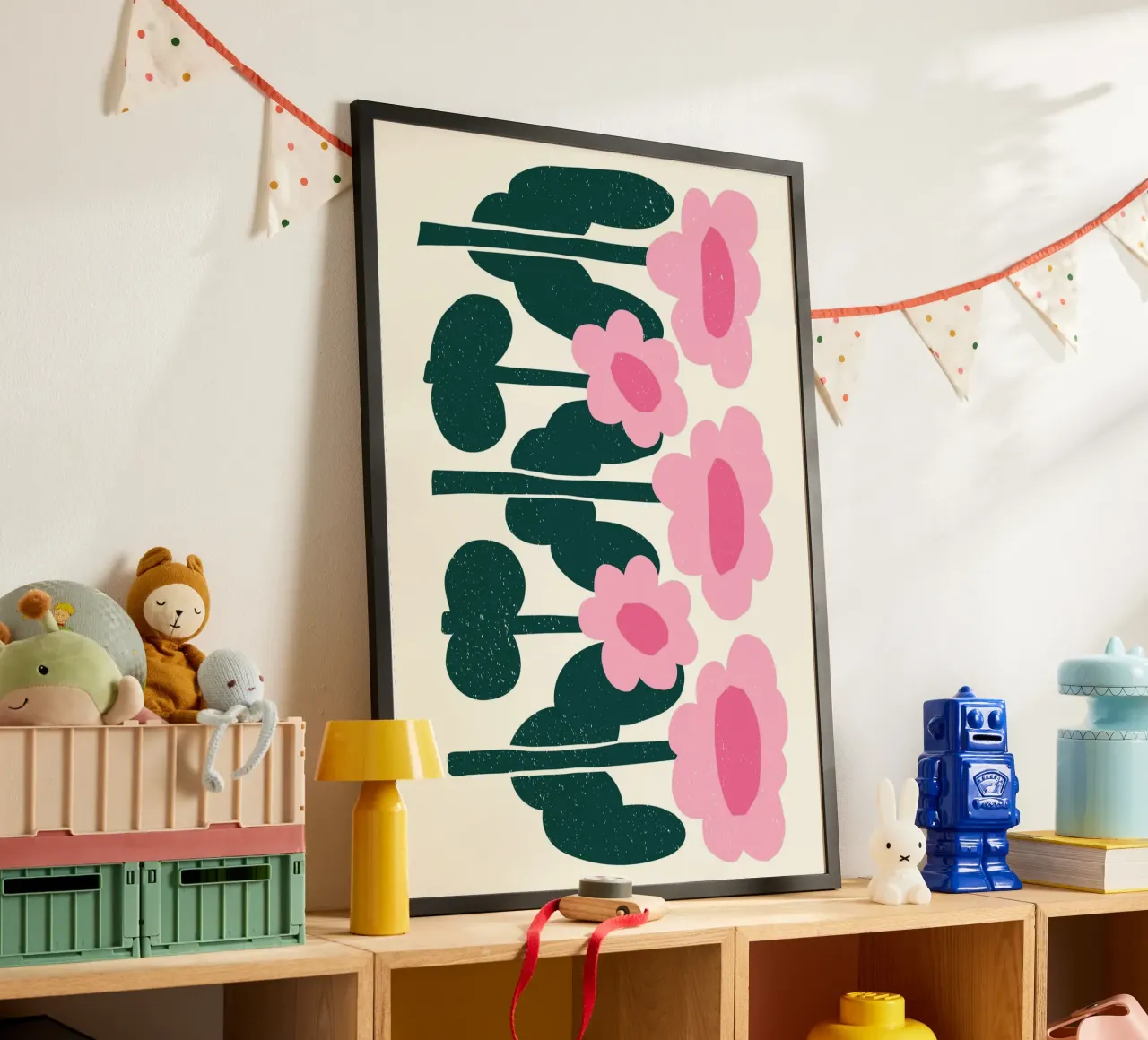 Floreale minimalista Marimekko - Rosa e verde astratto poster con telaio in plastica da ClubArt