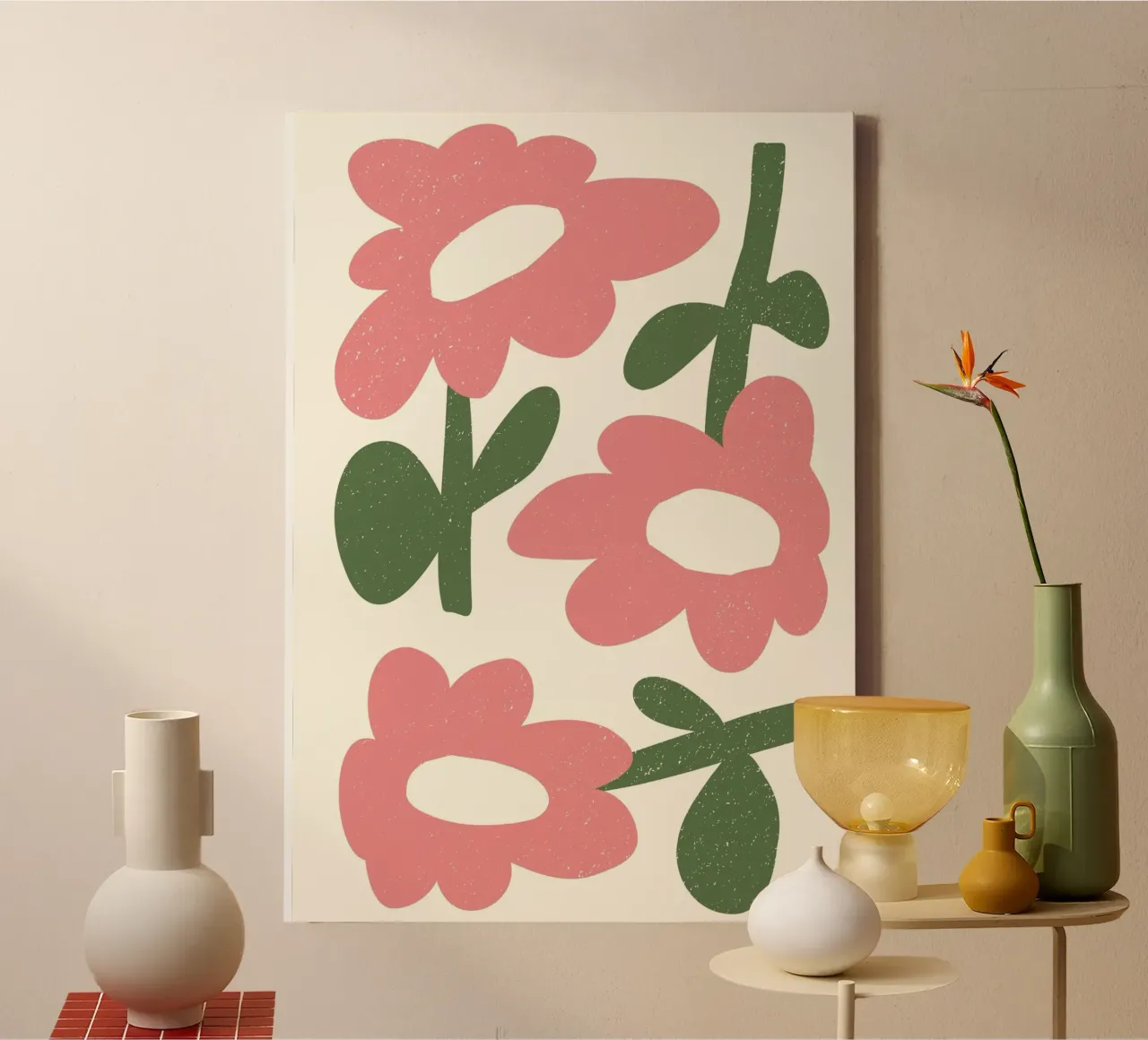 Speelse roze bloemen - Abstracte geweven bloemsierkunst canvas van ClubArt