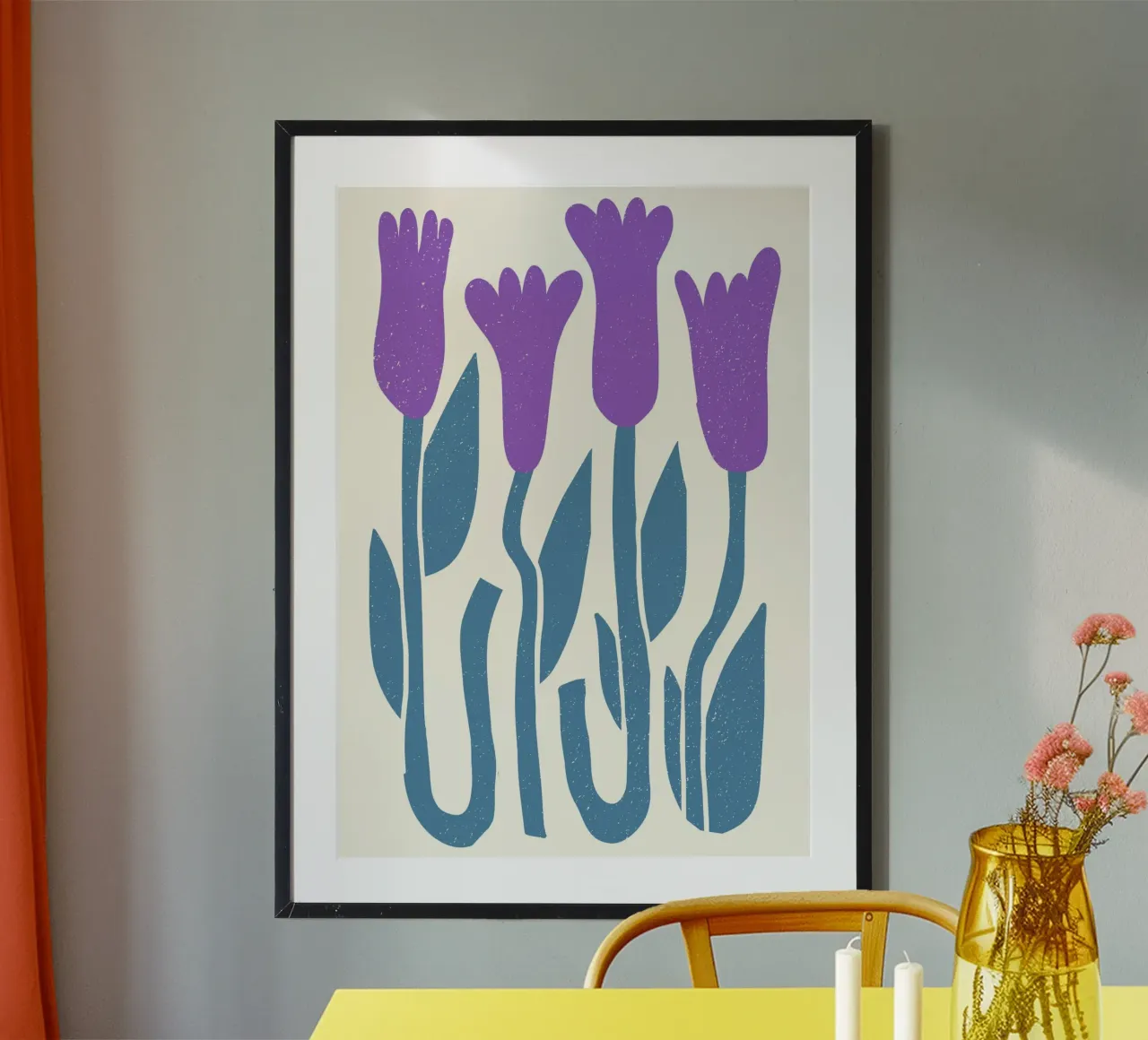 Retro bloemenprint - Paarse krokus abstracte botanische kunst poster met houten frame van ClubArt