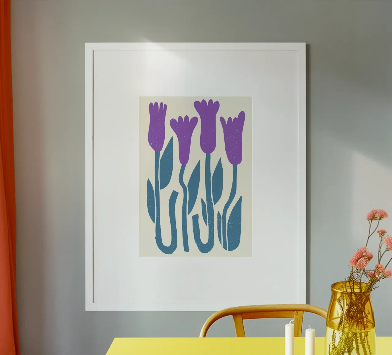 Retro bloemenprint - Paarse krokus abstracte botanische kunst poster met houten frame van ClubArt