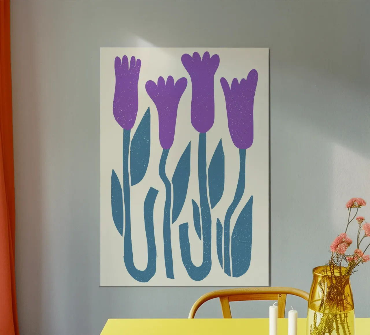 Retro bloemenprint - Paarse krokus abstracte botanische kunst poster met houten frame van ClubArt