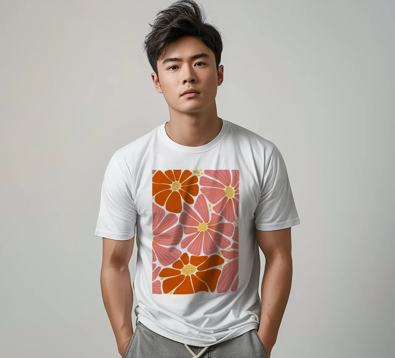 70s Floral Pop Art Print - Retro Pink & Orange Blooms t-shirt by ClubArt