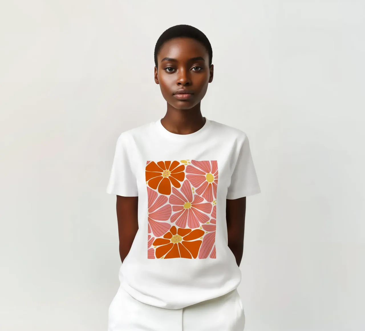 70s Floral Pop Art Print - Retro Pink & Orange Blooms t-shirt by ClubArt