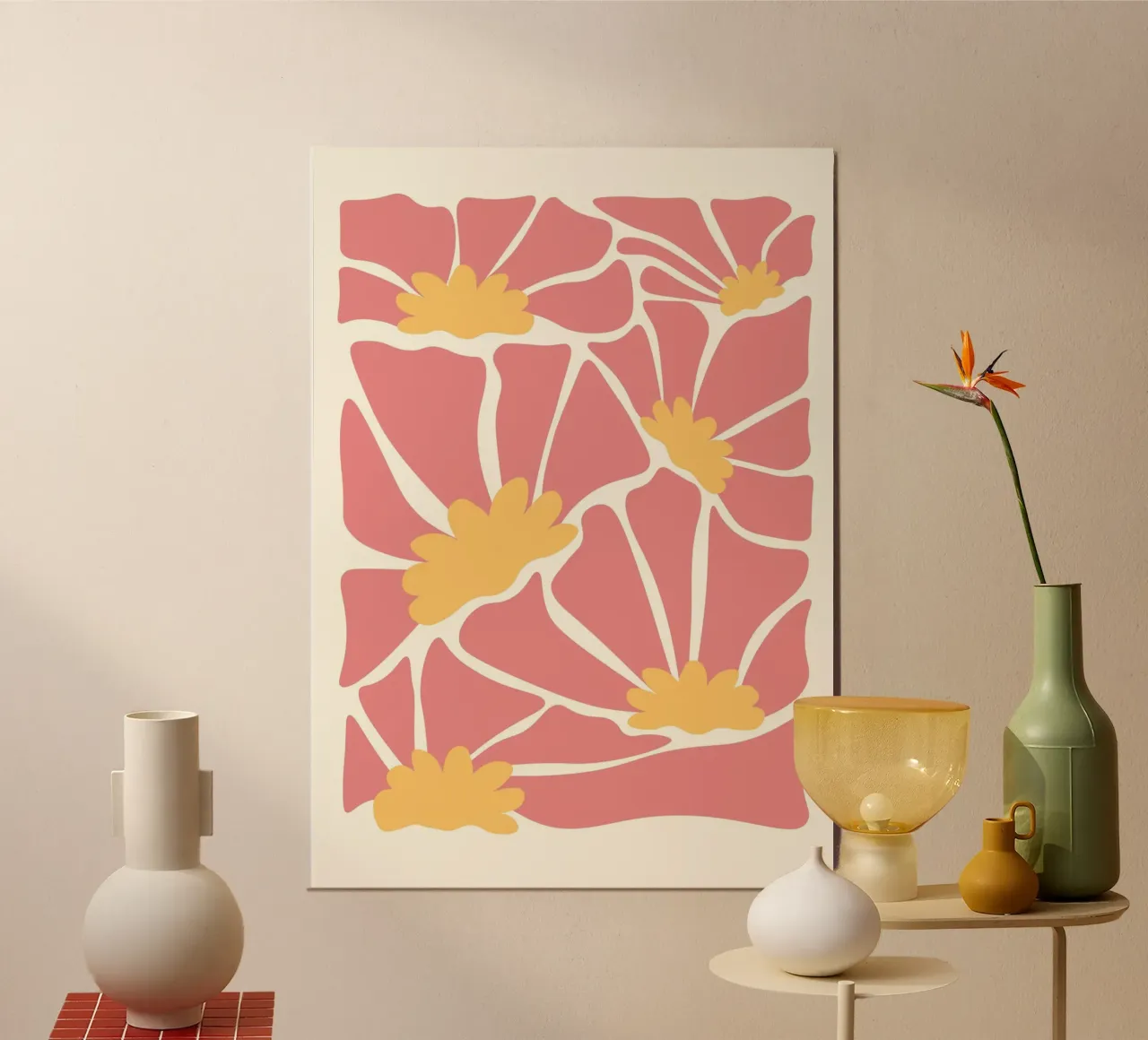 Mosaico di fiori rosa retrò - Arte floreale astratta di ispirazione anni '70 poster con telaio in legno da ClubArt