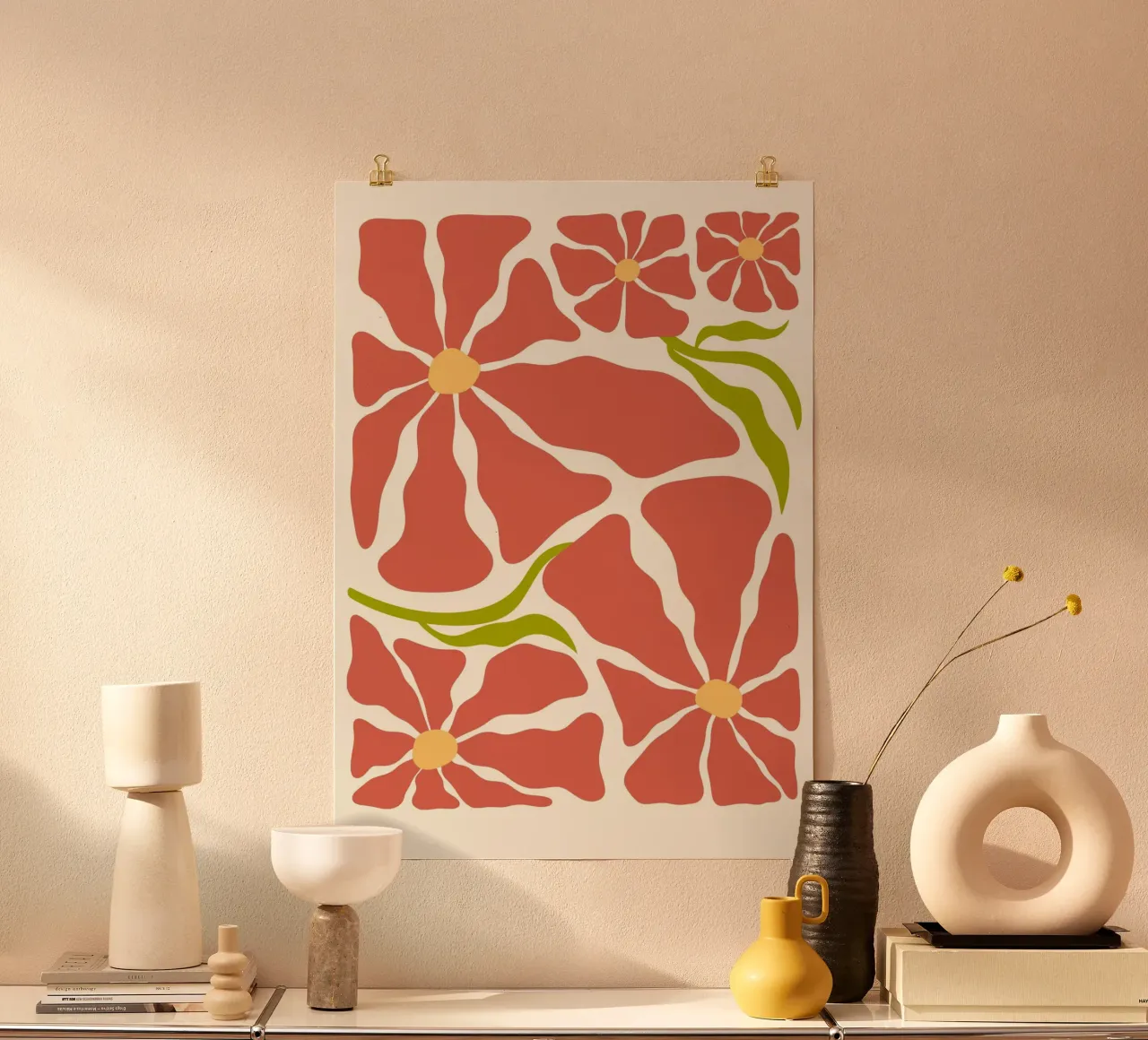 Retro Terracotta Floreale - Arte astratta in fiore di metà secolo poster con telaio in alluminio da ClubArt