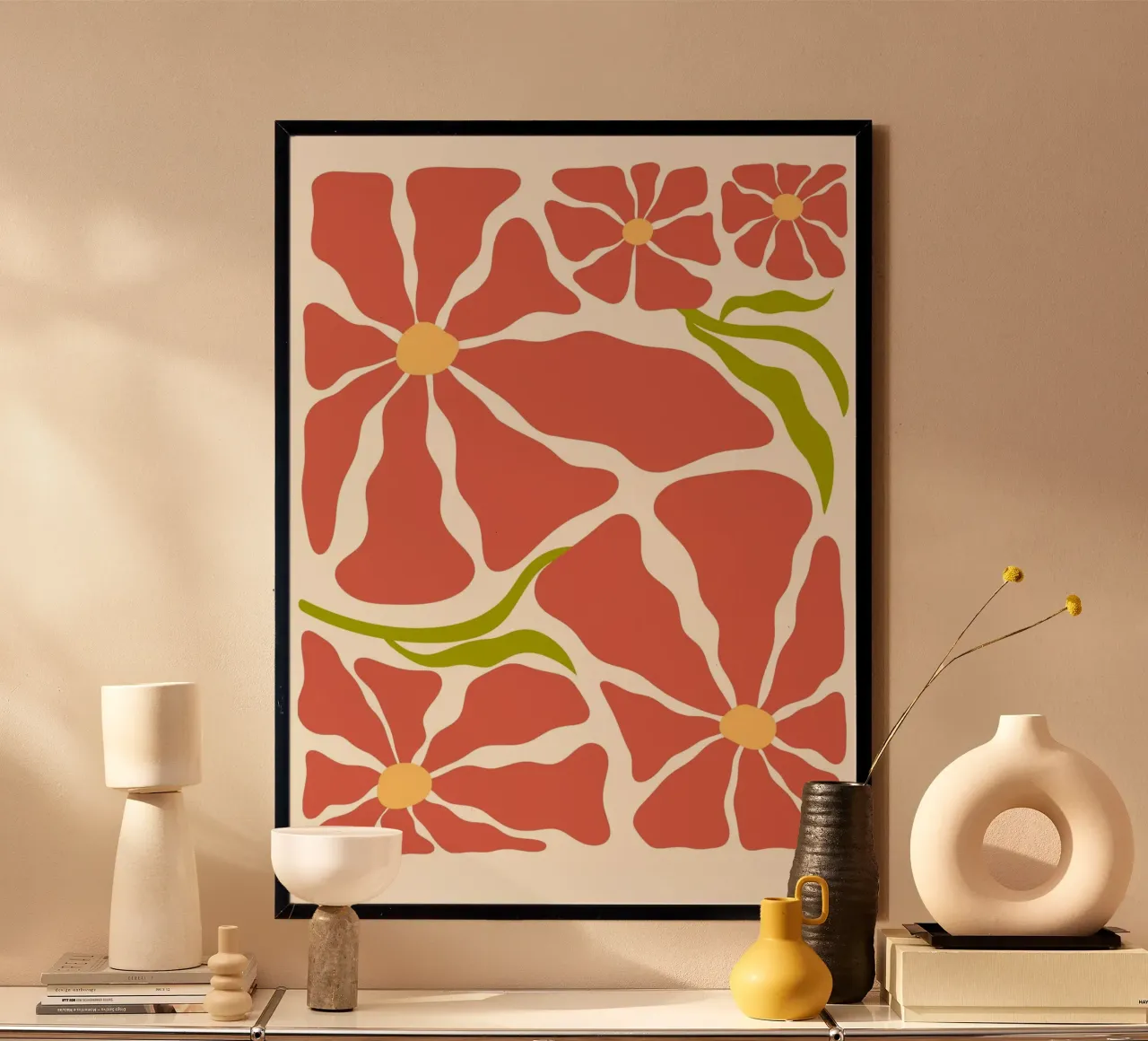 Retro Terracotta Floreale - Arte astratta in fiore di metà secolo poster con telaio in alluminio da ClubArt