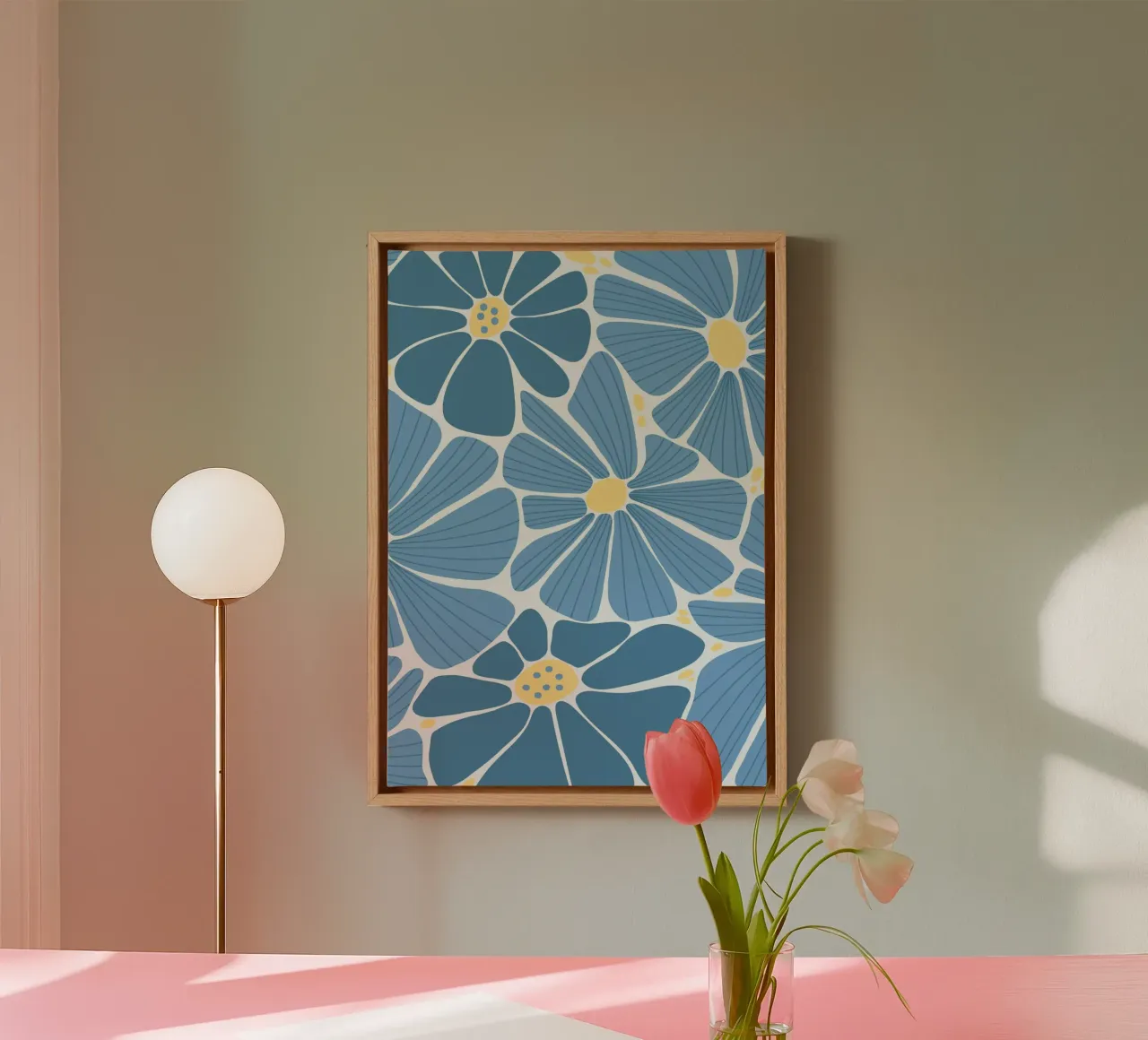 Retro Blue Daisy Pattern - 70s Floral Pop Art Print canvas with Floater frame by ClubArt