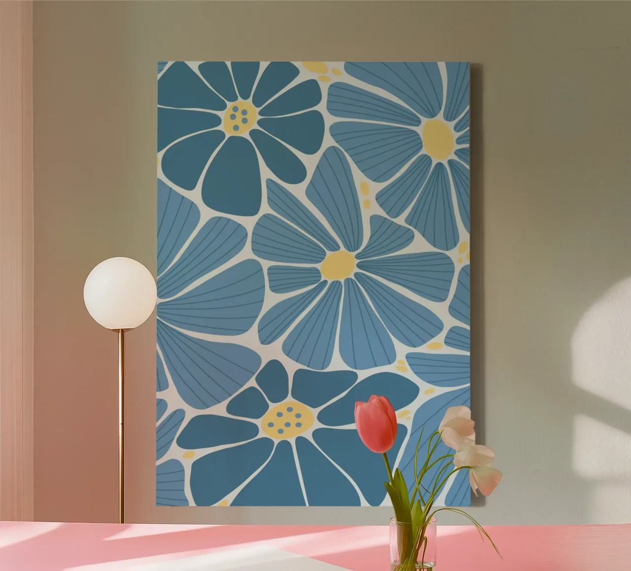 Retro Blue Daisy Pattern - 70s Floral Pop Art Print canvas with Floater frame by ClubArt