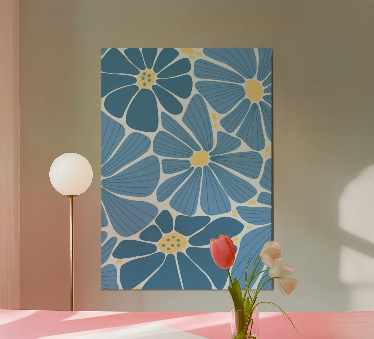 Modello di margherita blu retrò - Stampa pop art floreale anni '70 poster con telaio in plastica da ClubArt