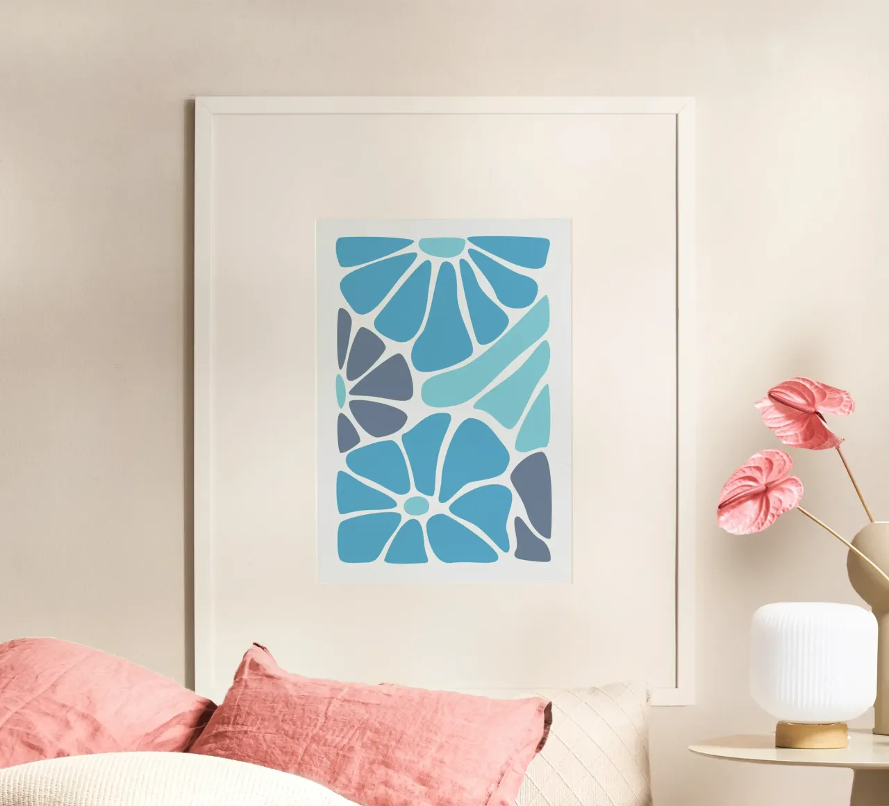 Abstract Blauw Mozaïek Kunst - Moderne Organische Vormen Print poster met kunststof frame van ClubArt