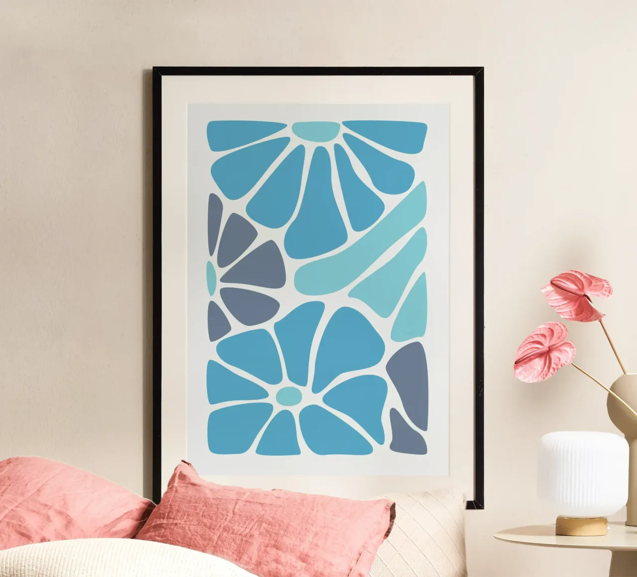 Abstract Blauw Mozaïek Kunst - Moderne Organische Vormen Print poster met kunststof frame van ClubArt