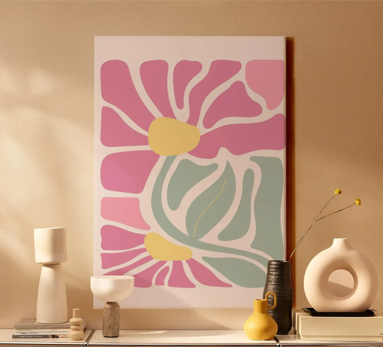 Retro Roze & Groen Bloemig - Abstract Botanisch Muurkunstwerk canvas van ClubArt