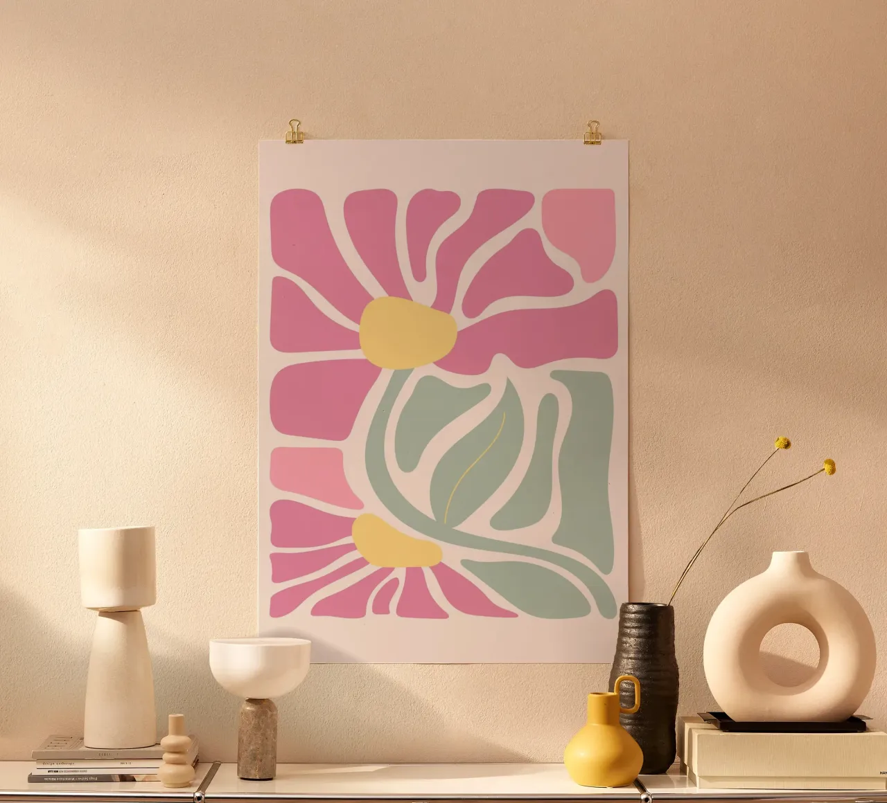 Retro Roze & Groen Bloemig - Abstract Botanisch Muurkunstwerk poster van ClubArt