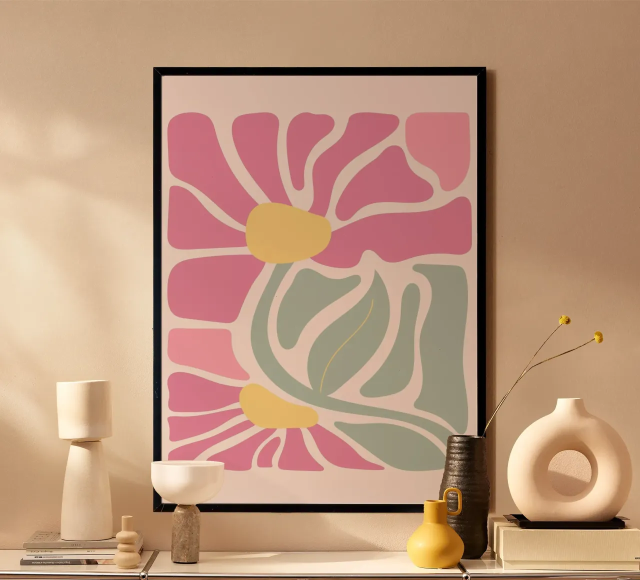 Retro Roze & Groen Bloemig - Abstract Botanisch Muurkunstwerk poster van ClubArt